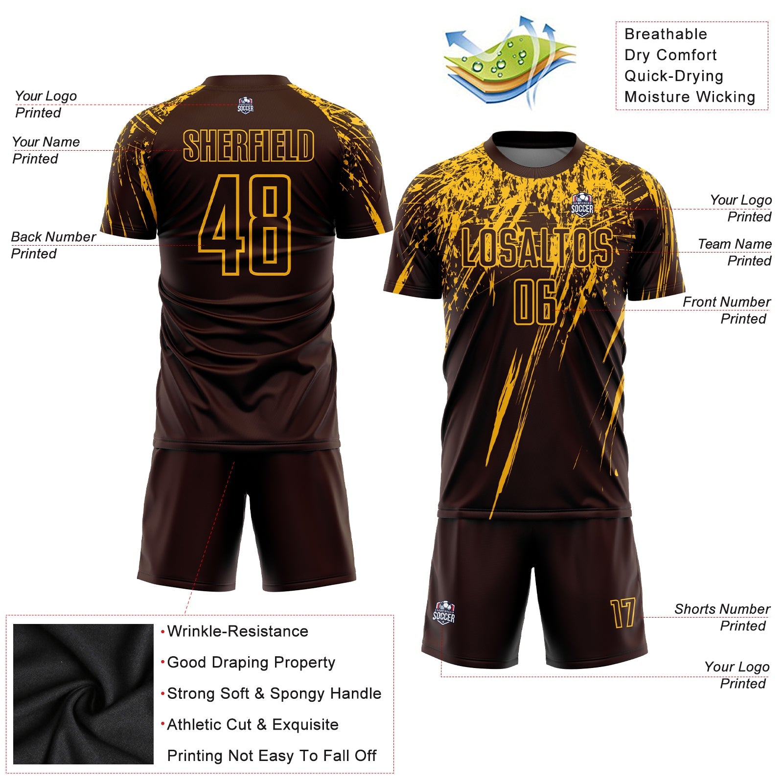 Custom Brown Gold Sublimation Soccer Uniform Jersey view 3