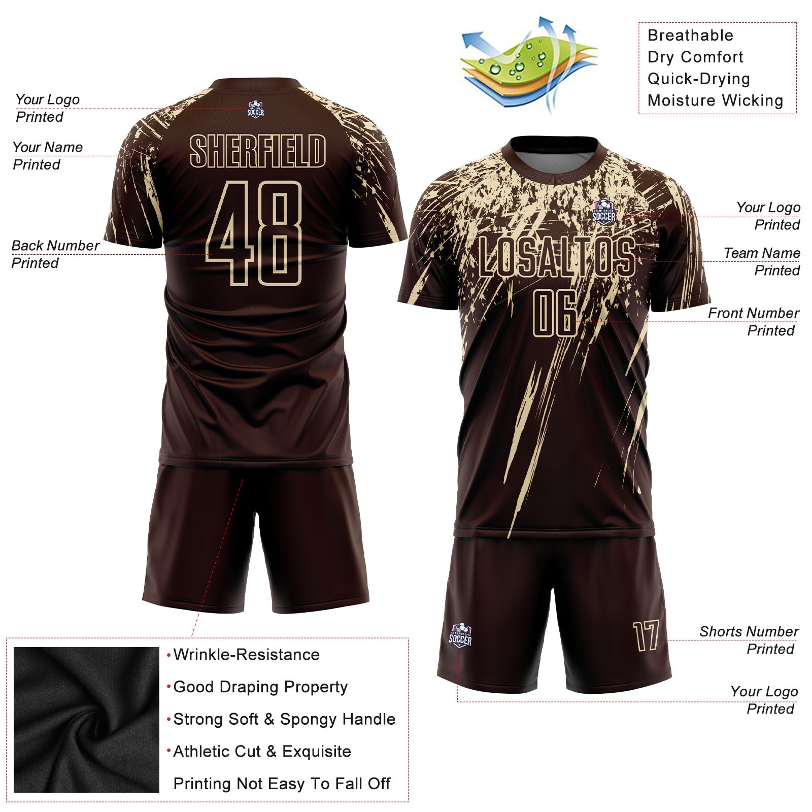 Custom Brown Cream Sublimation Soccer Uniform Jersey view 3