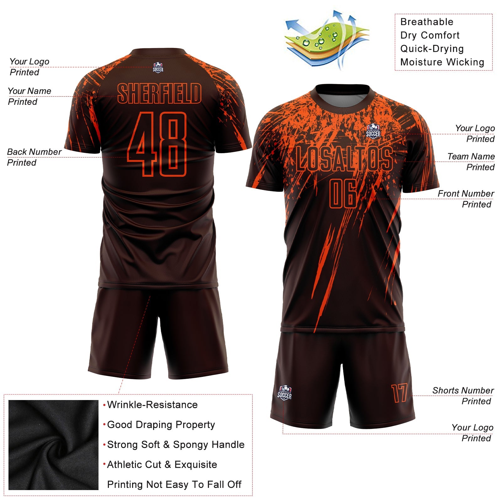 Custom Brown Orange Sublimation Soccer Uniform Jersey view 3