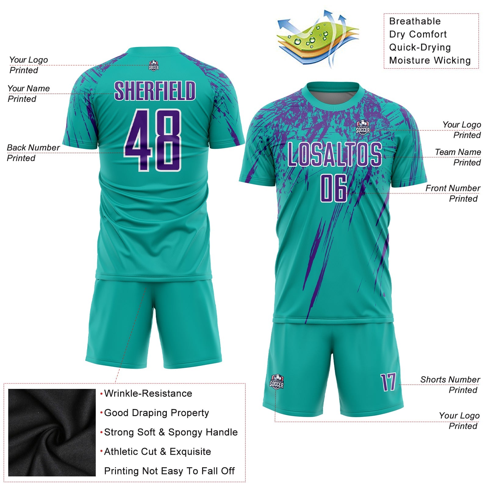 Custom Aqua Purple-White Sublimation Soccer Uniform Jersey view 3