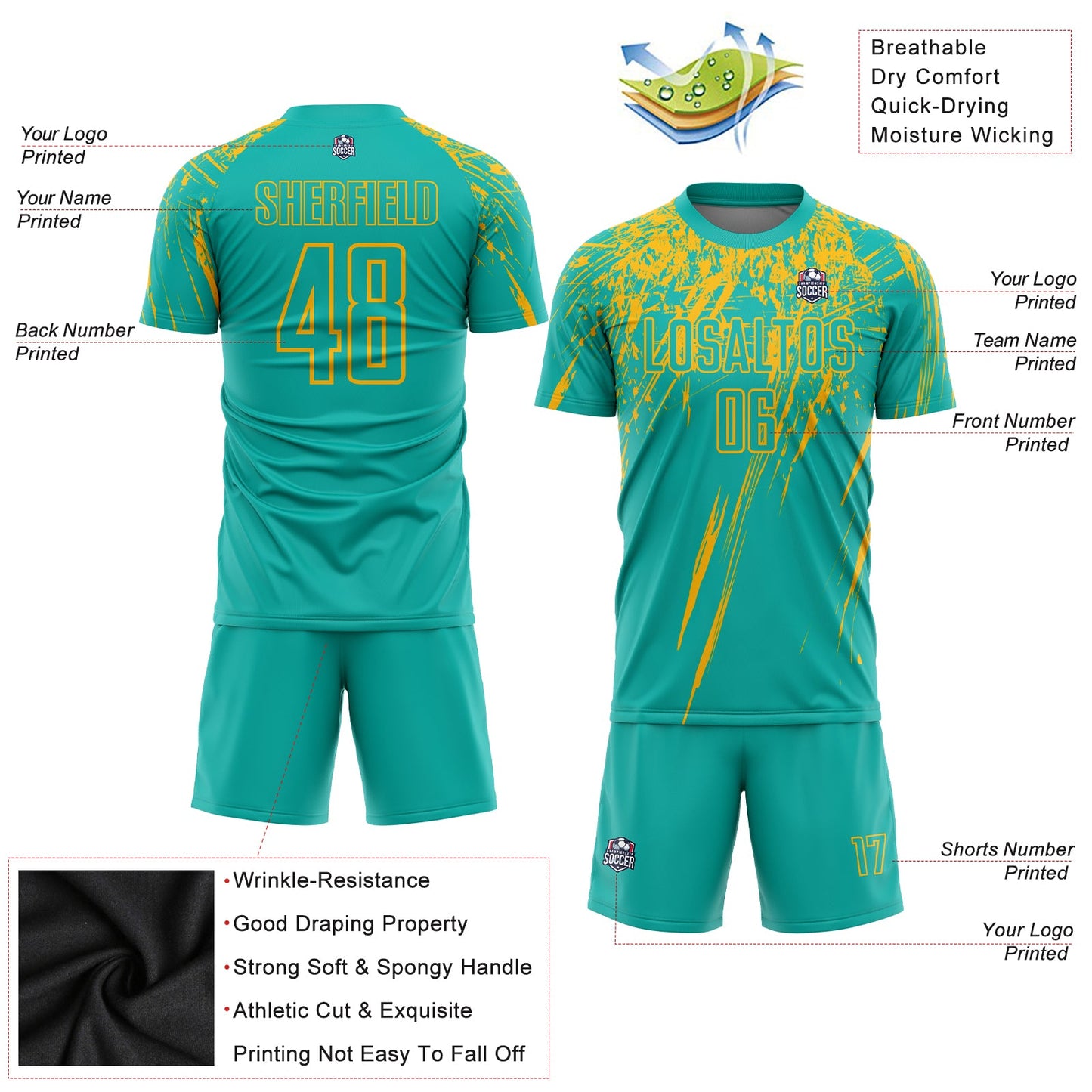Custom Aqua Gold Sublimation Soccer Uniform Jersey view 3