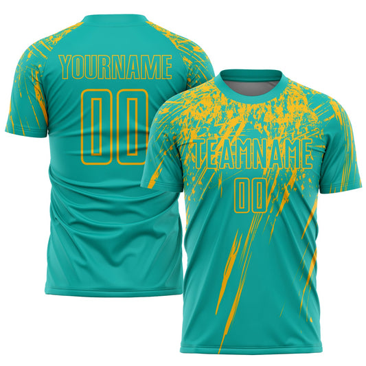 Custom Aqua Gold Sublimation Soccer Uniform Jersey - Main View