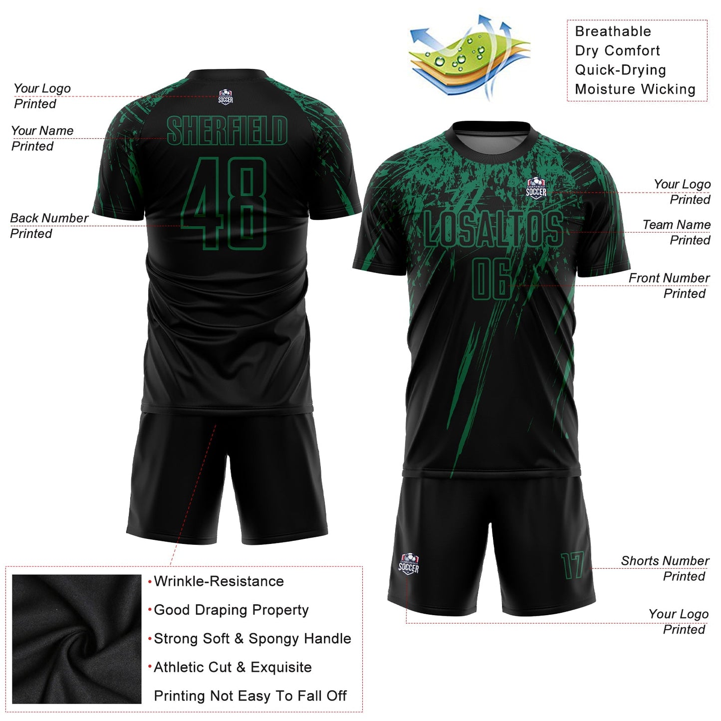 Custom Black Kelly Green Sublimation Soccer Uniform Jersey view 3