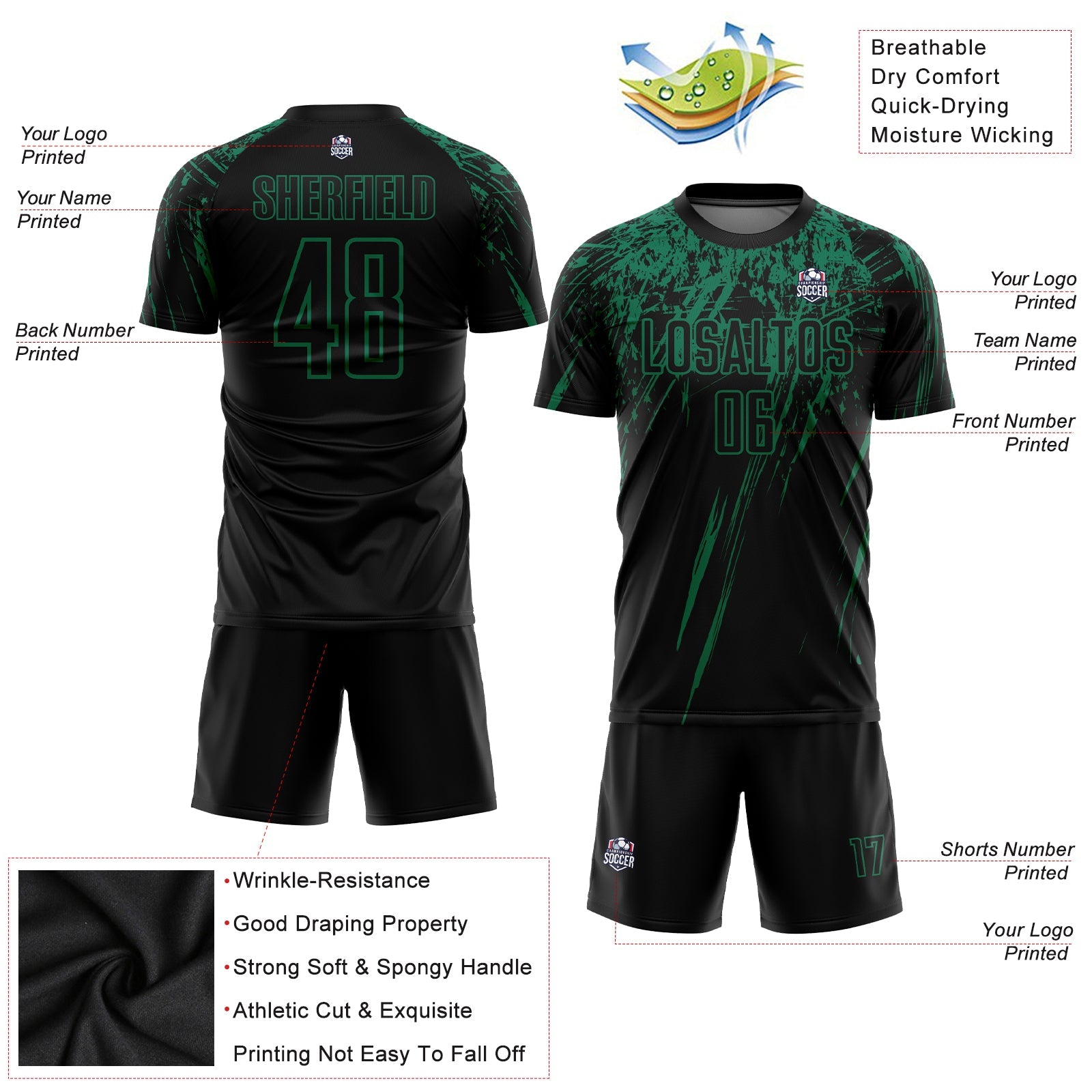 Custom Black Kelly Green Sublimation Soccer Uniform Jersey view 3
