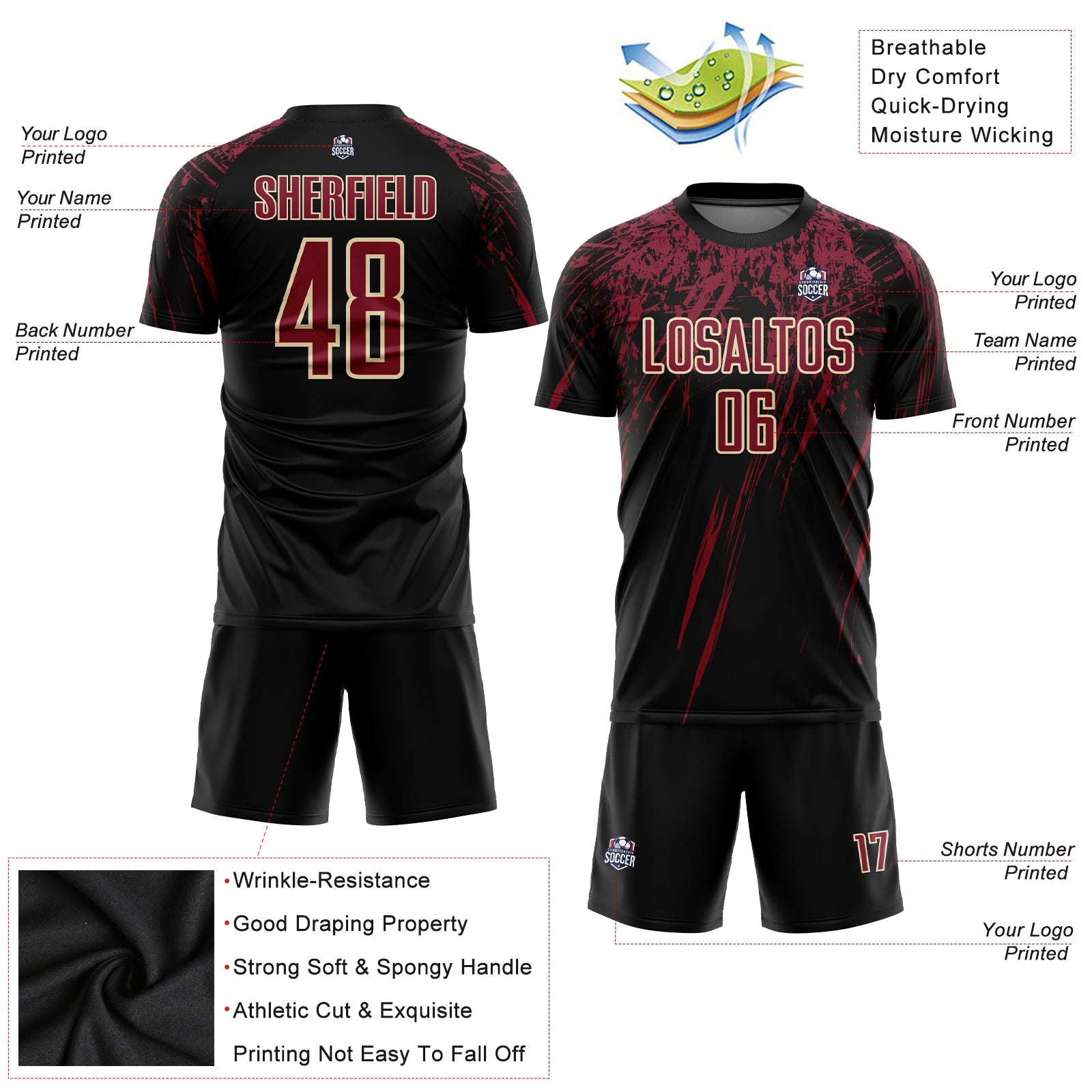 Custom Black Crimson-Cream Sublimation Soccer Uniform Jersey view 3