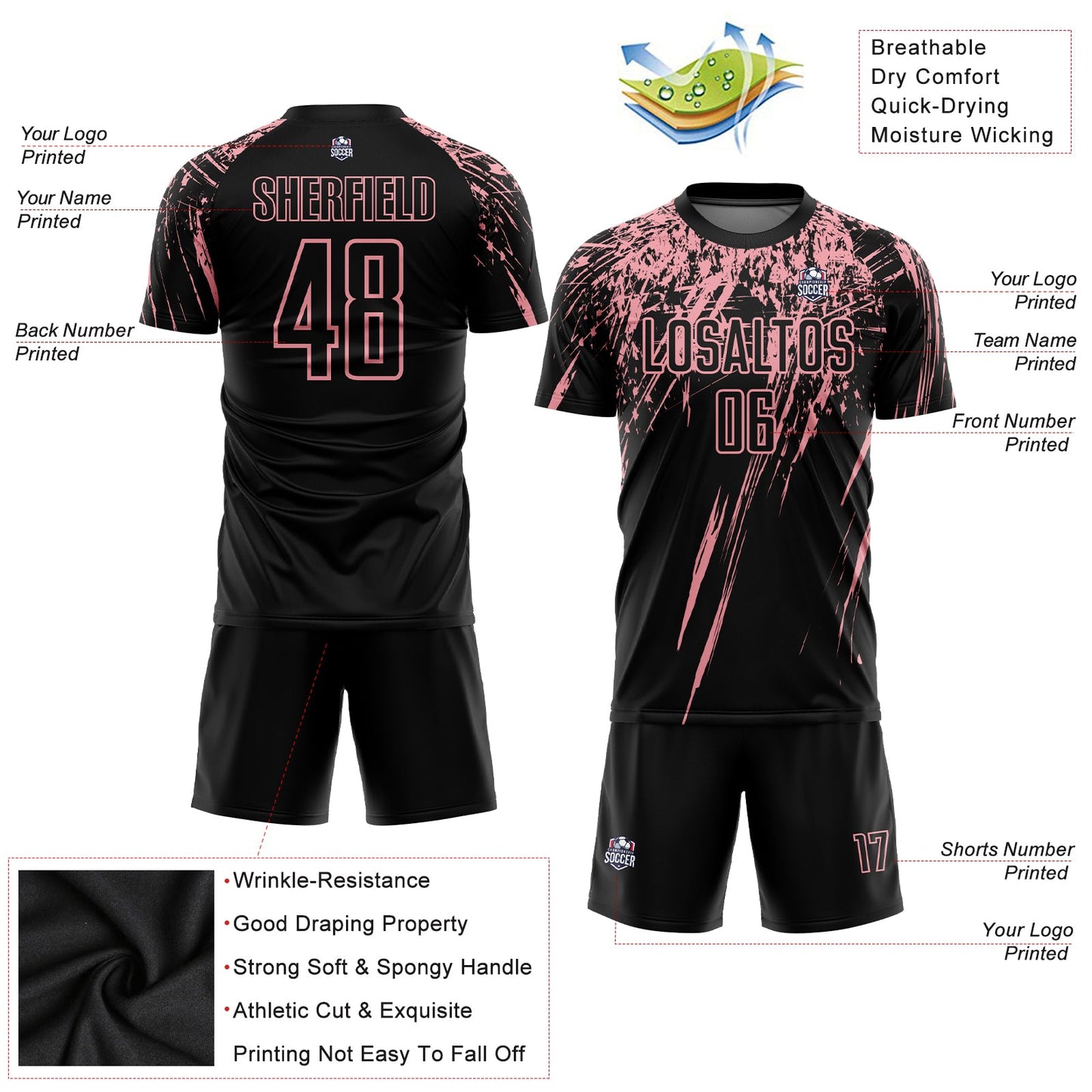 Custom Black Medium Pink Sublimation Soccer Uniform Jersey view 3