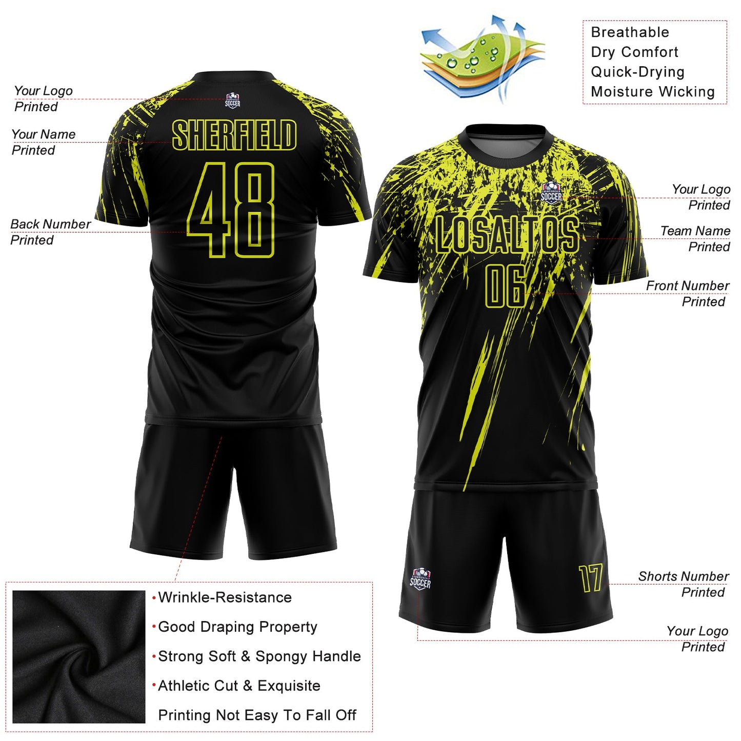 Custom Black Neon Yellow Sublimation Soccer Uniform Jersey view 3