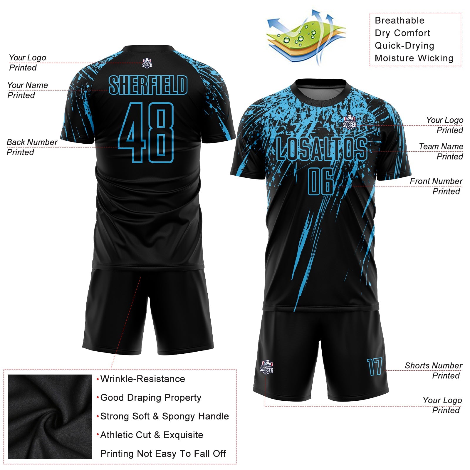 Custom Black Sky Blue Sublimation Soccer Uniform Jersey view 3