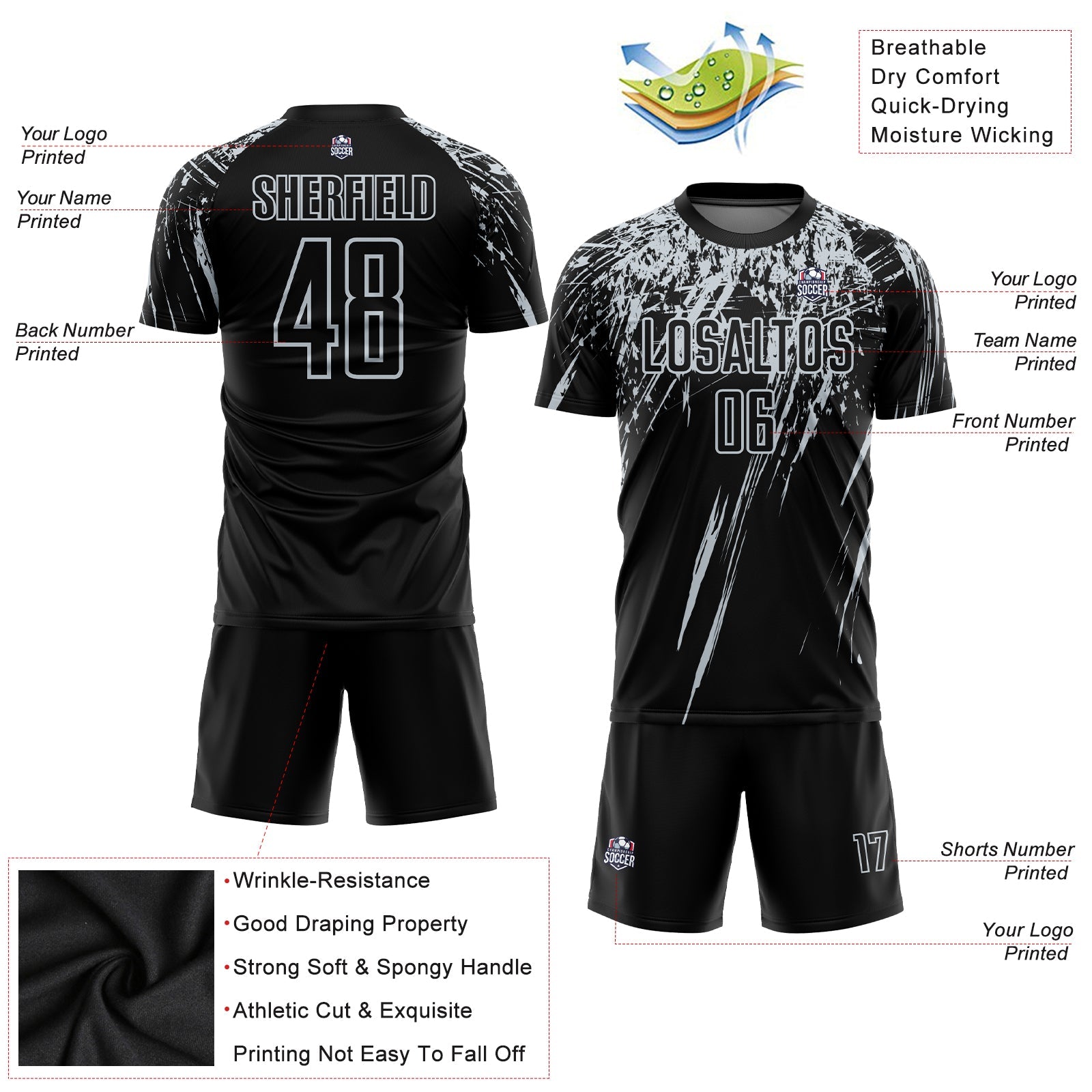 Custom Black Silver Sublimation Soccer Uniform Jersey view 3