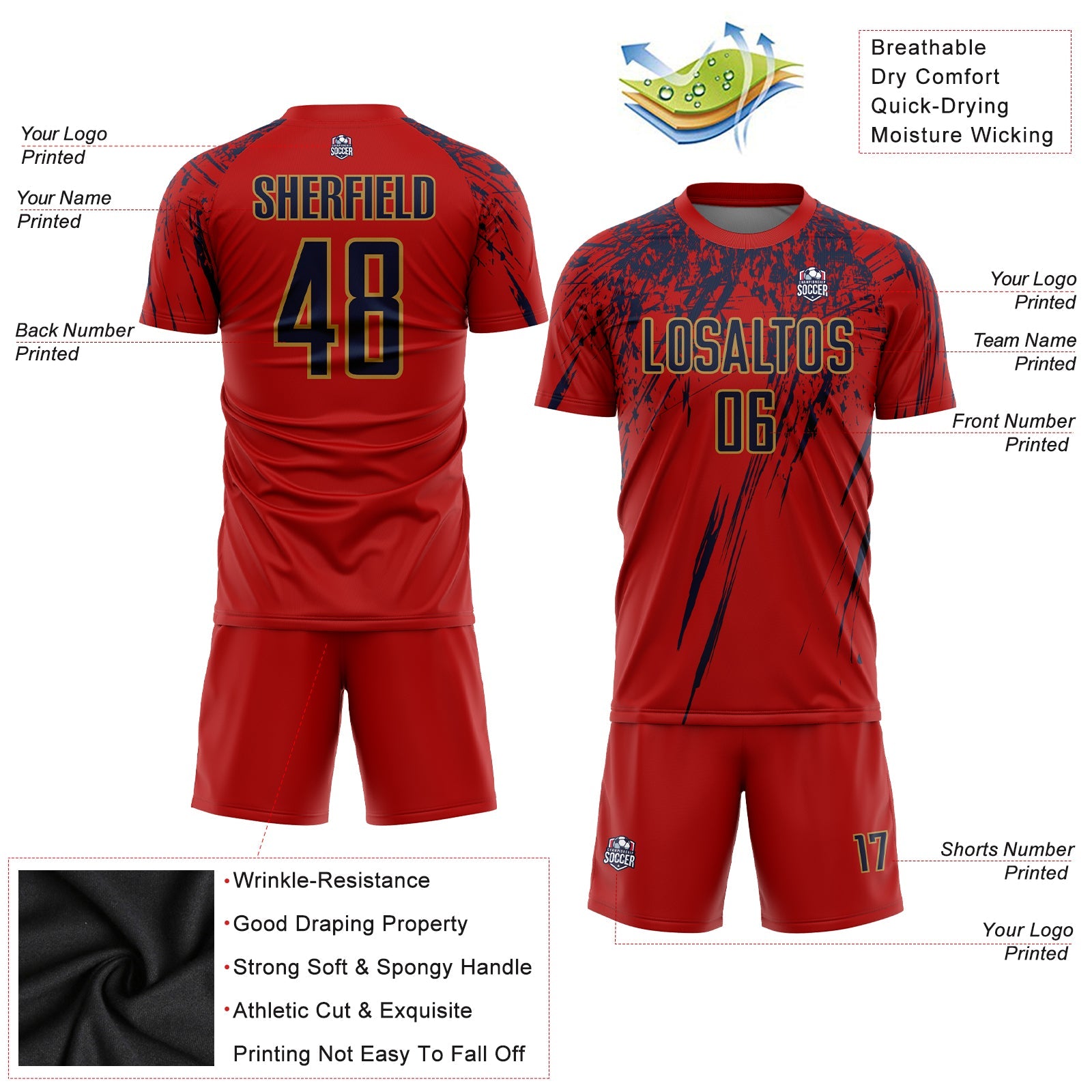 Custom Red Navy-Old Gold Sublimation Soccer Uniform Jersey view 3