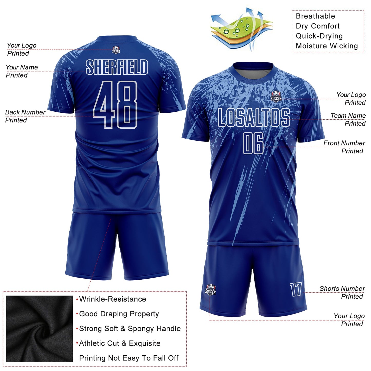 Custom Royal Light Blue-White Sublimation Soccer Uniform Jersey view 3