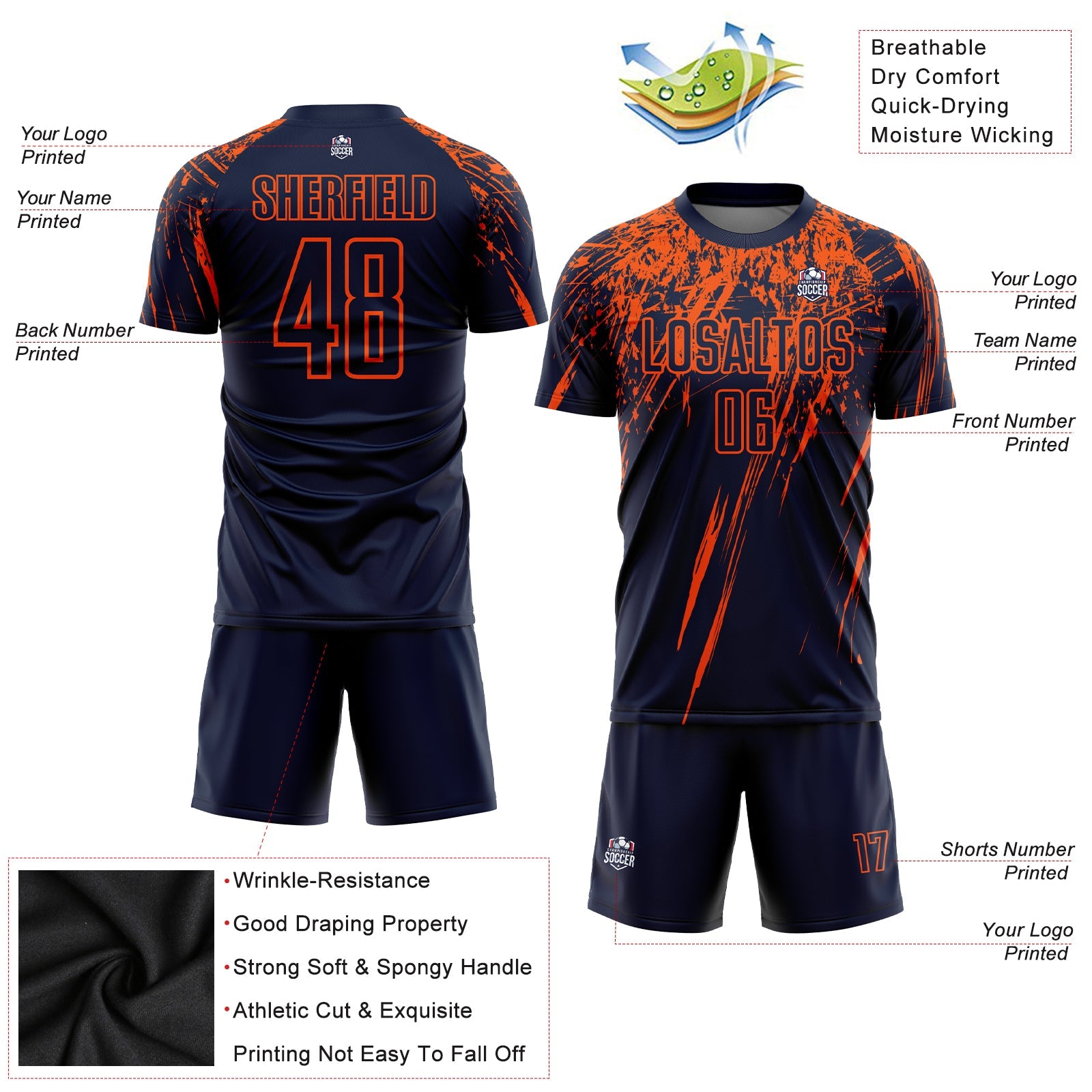 Custom Navy Orange Sublimation Soccer Uniform Jersey view 3