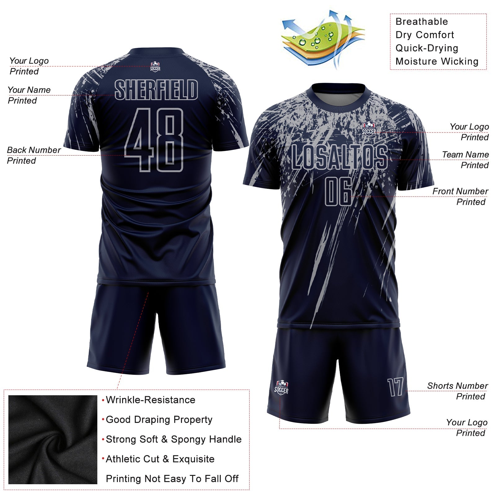 Custom Navy Gray Sublimation Soccer Uniform Jersey view 3