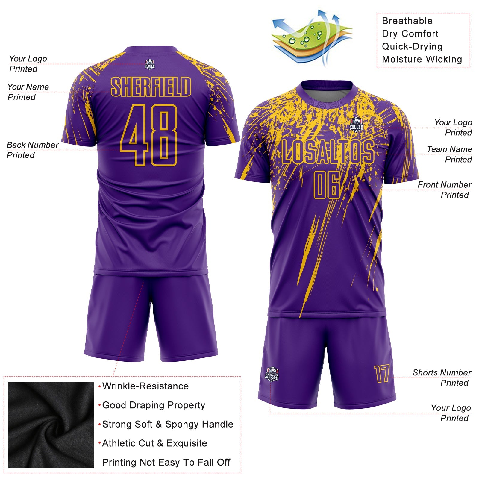 Custom Purple Yellow Sublimation Soccer Uniform Jersey view 6