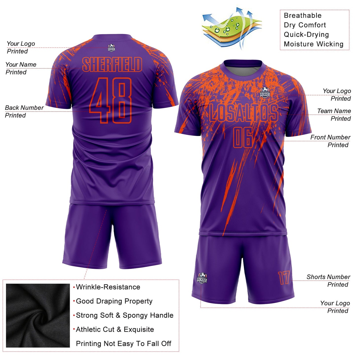 Custom Purple Orange Sublimation Soccer Uniform Jersey view 3