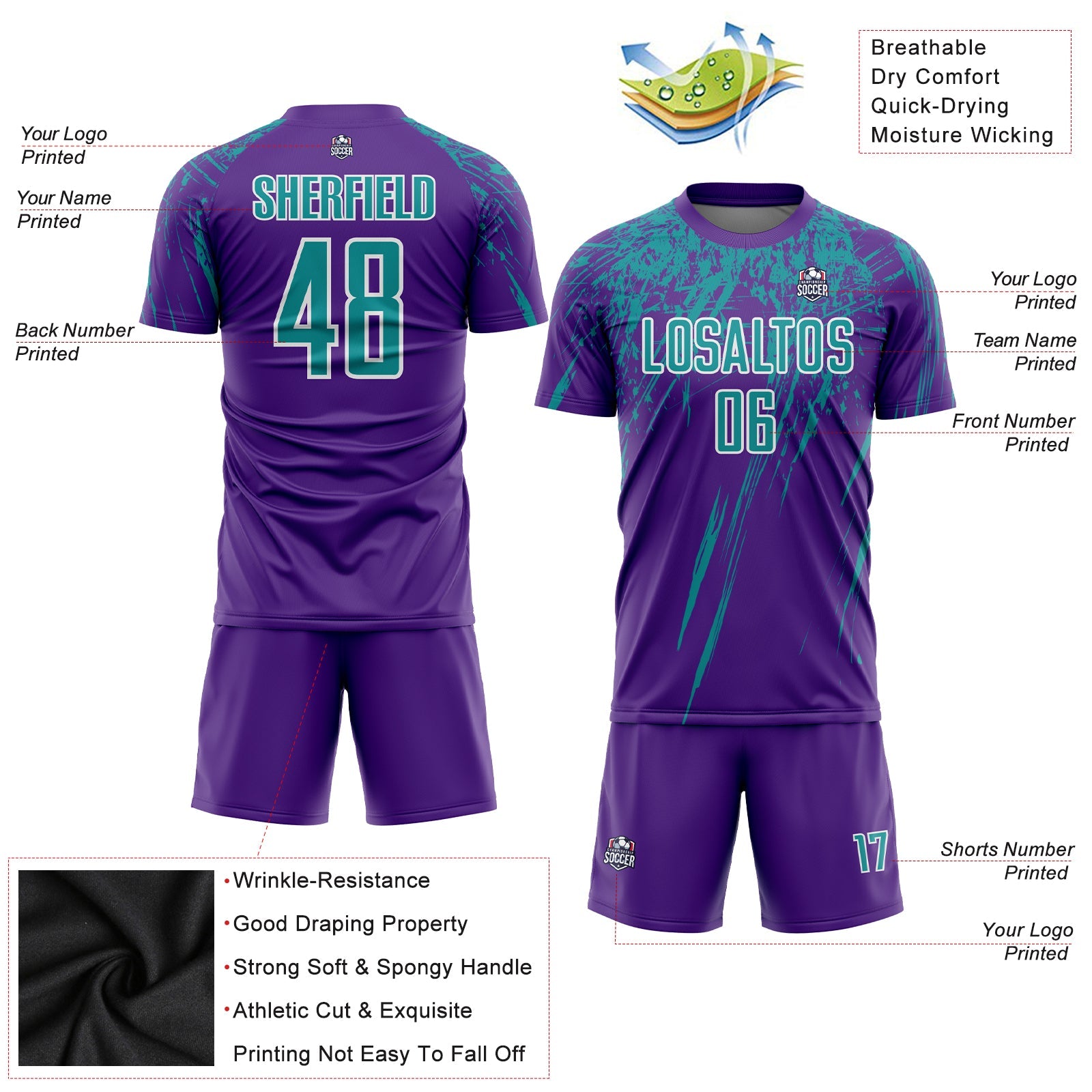 Custom Purple Teal-White Sublimation Soccer Uniform Jersey view 3