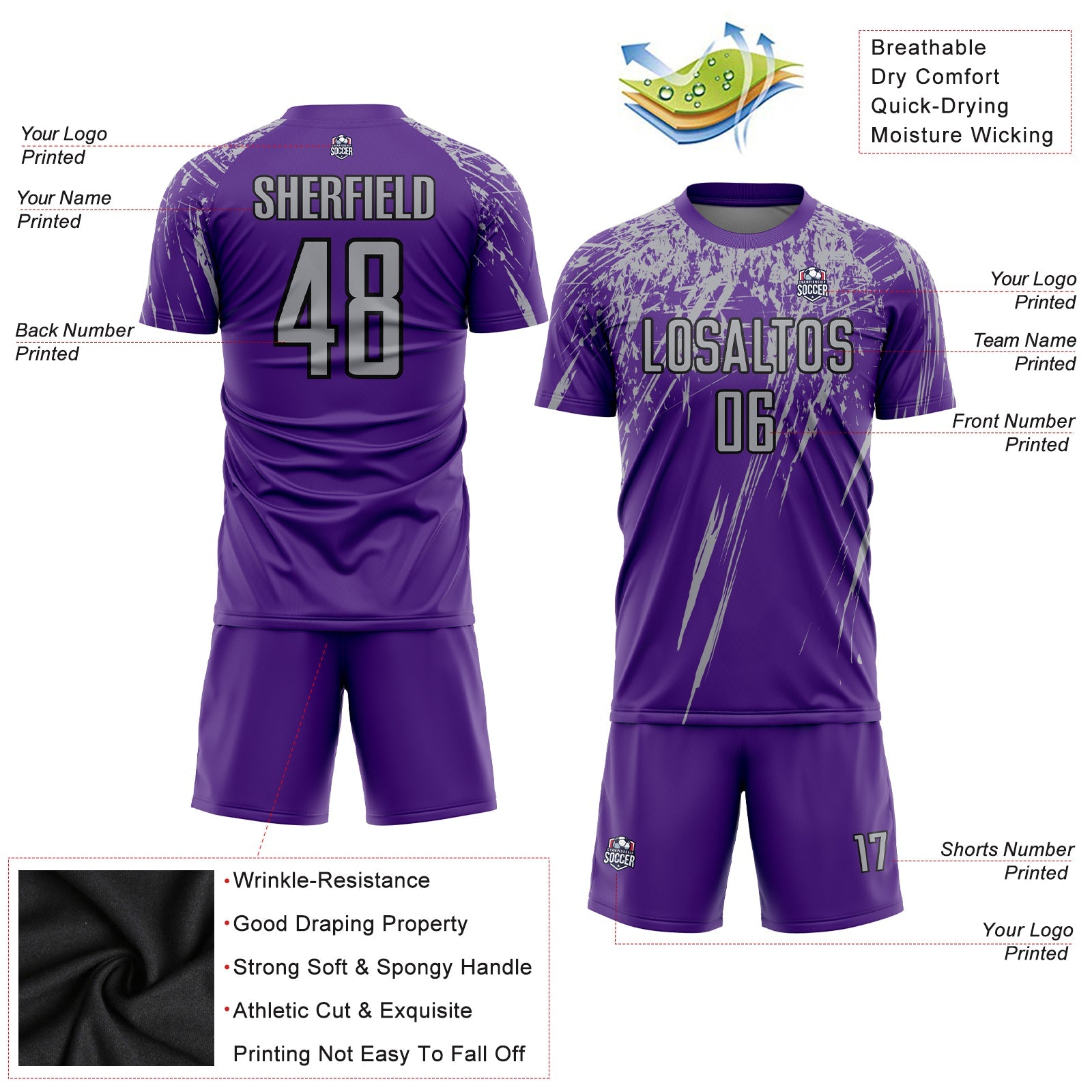 Custom Purple Gray-Black Sublimation Soccer Uniform Jersey view 3