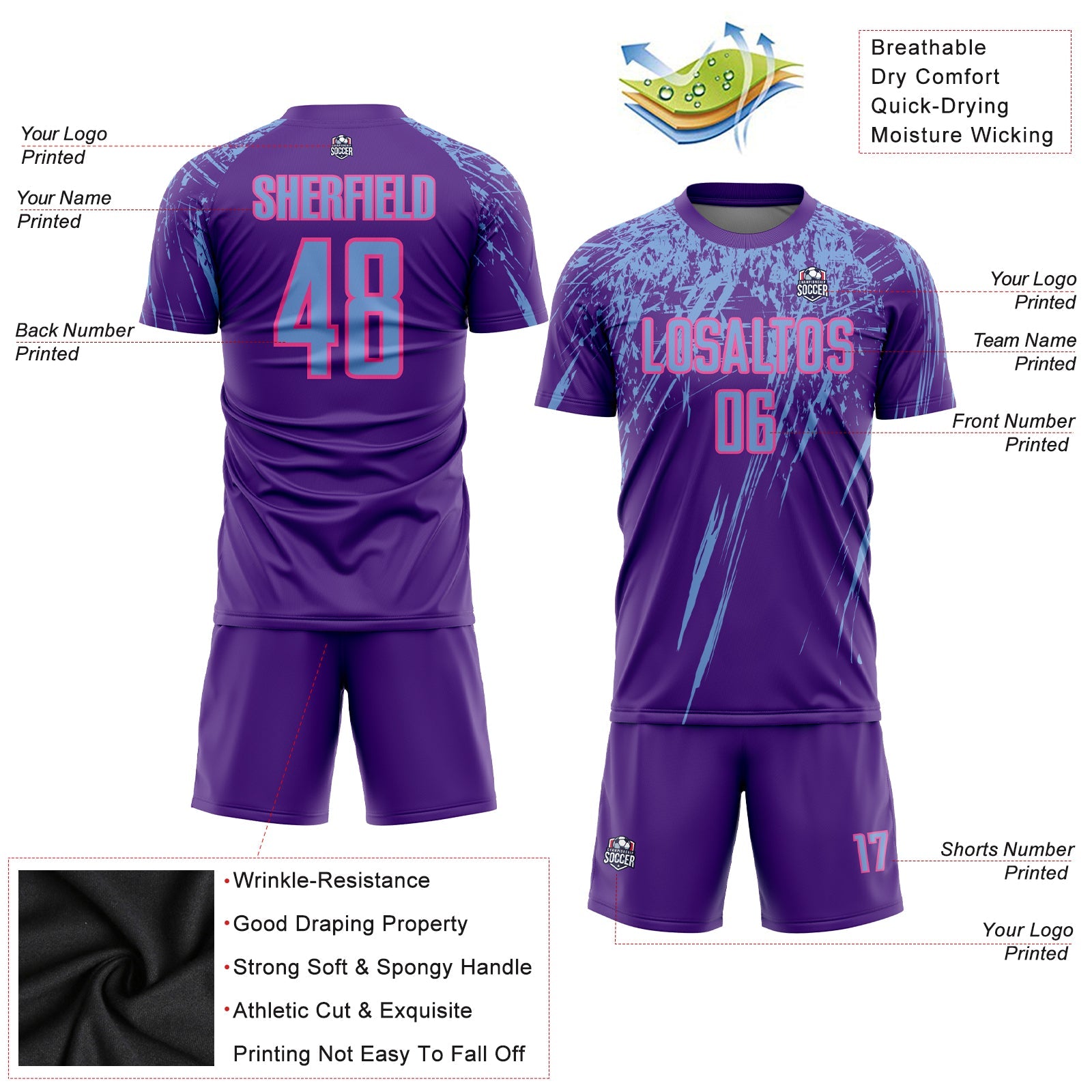Custom Purple Light Blue-Pink Sublimation Soccer Uniform Jersey view 5