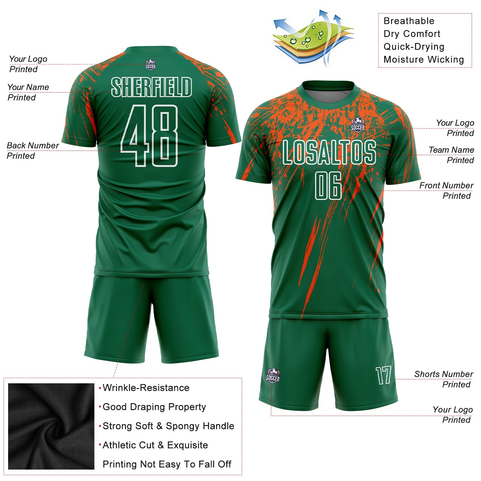 Custom Kelly Green Orange-White Sublimation Soccer Uniform Jersey view 3