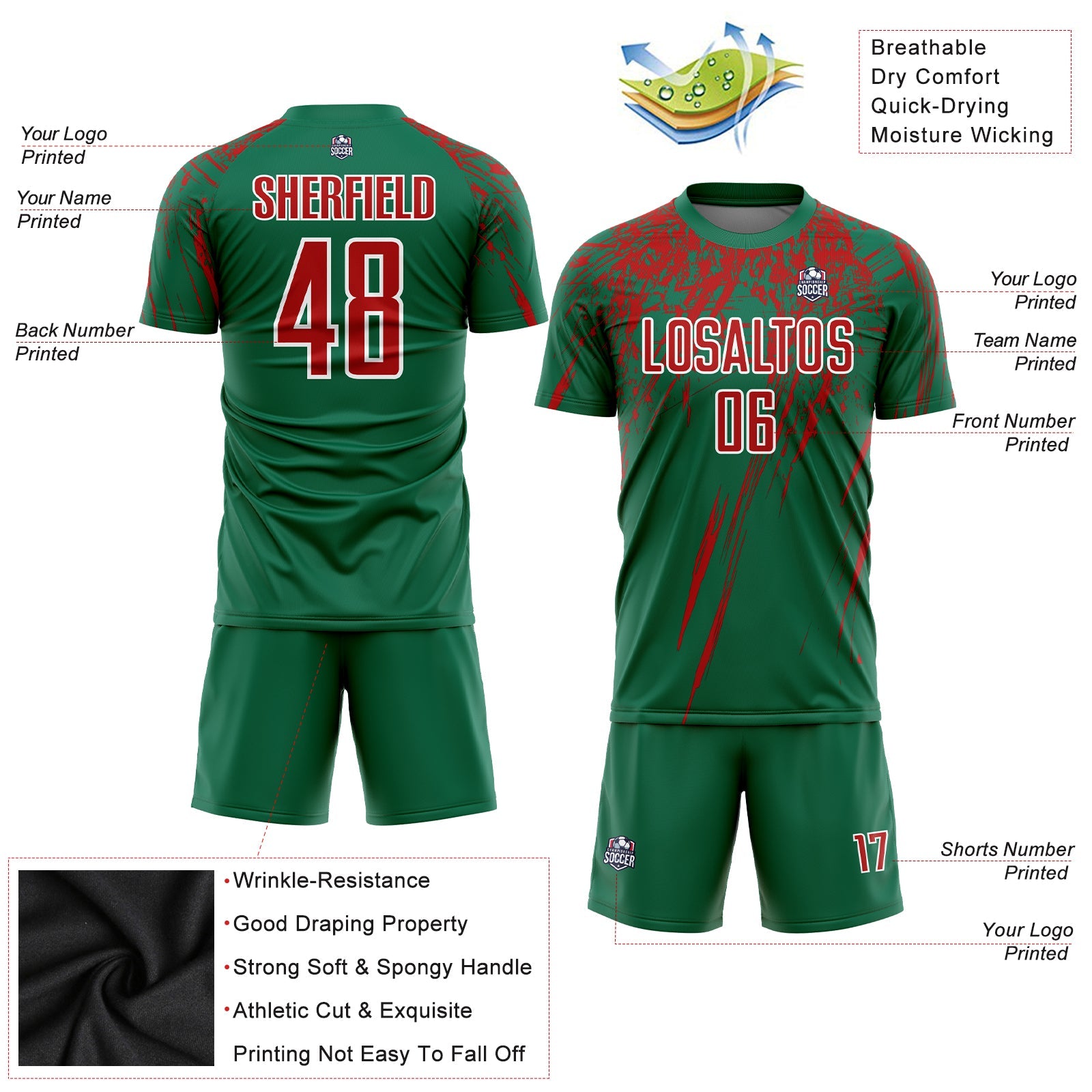 Custom Kelly Green Red-White Sublimation Soccer Uniform Jersey view 3