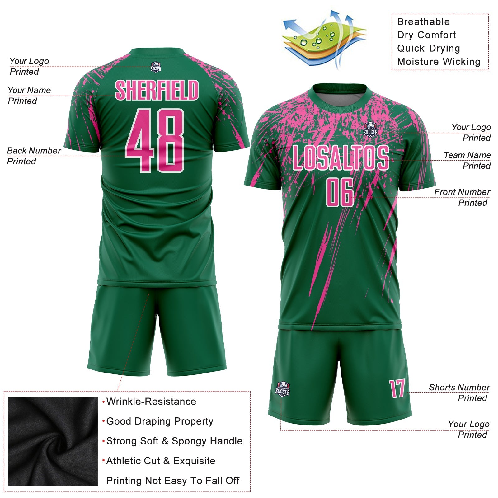 Custom Kelly Green Pink-White Sublimation Soccer Uniform Jersey view 3