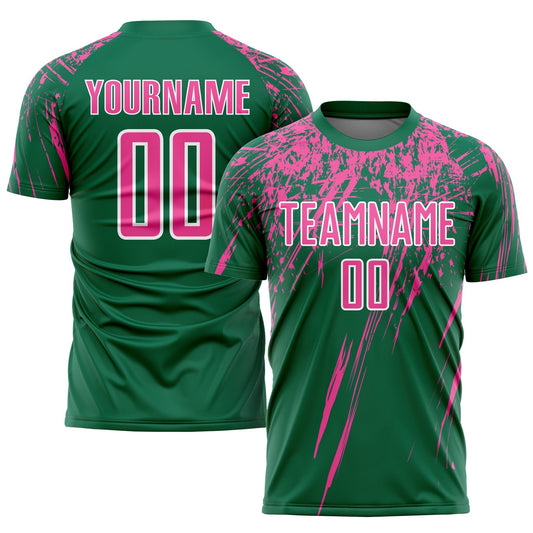 Custom Kelly Green Pink-White Sublimation Soccer Uniform Jersey - Main View
