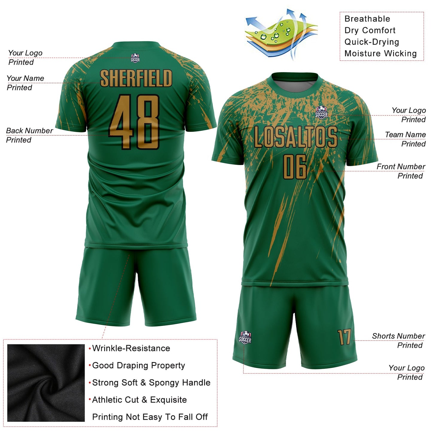 Custom Kelly Green Old Gold-Black Sublimation Soccer Uniform Jersey view 3