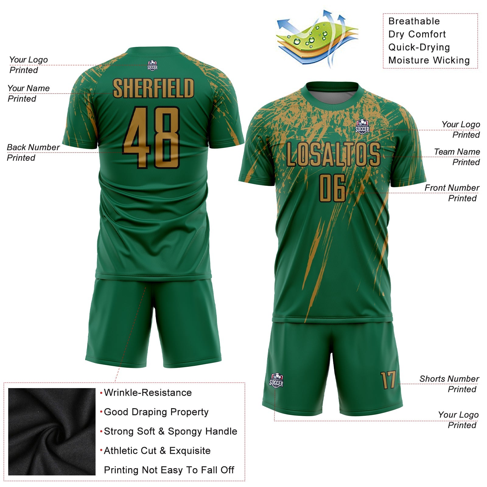 Custom Kelly Green Old Gold-Black Sublimation Soccer Uniform Jersey view 3