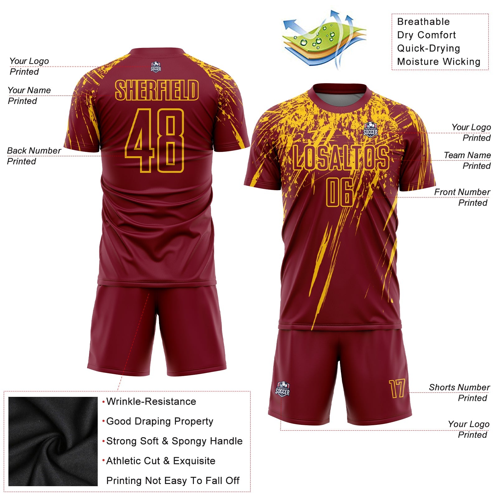 Custom Crimson Yellow Sublimation Soccer Uniform Jersey view 3
