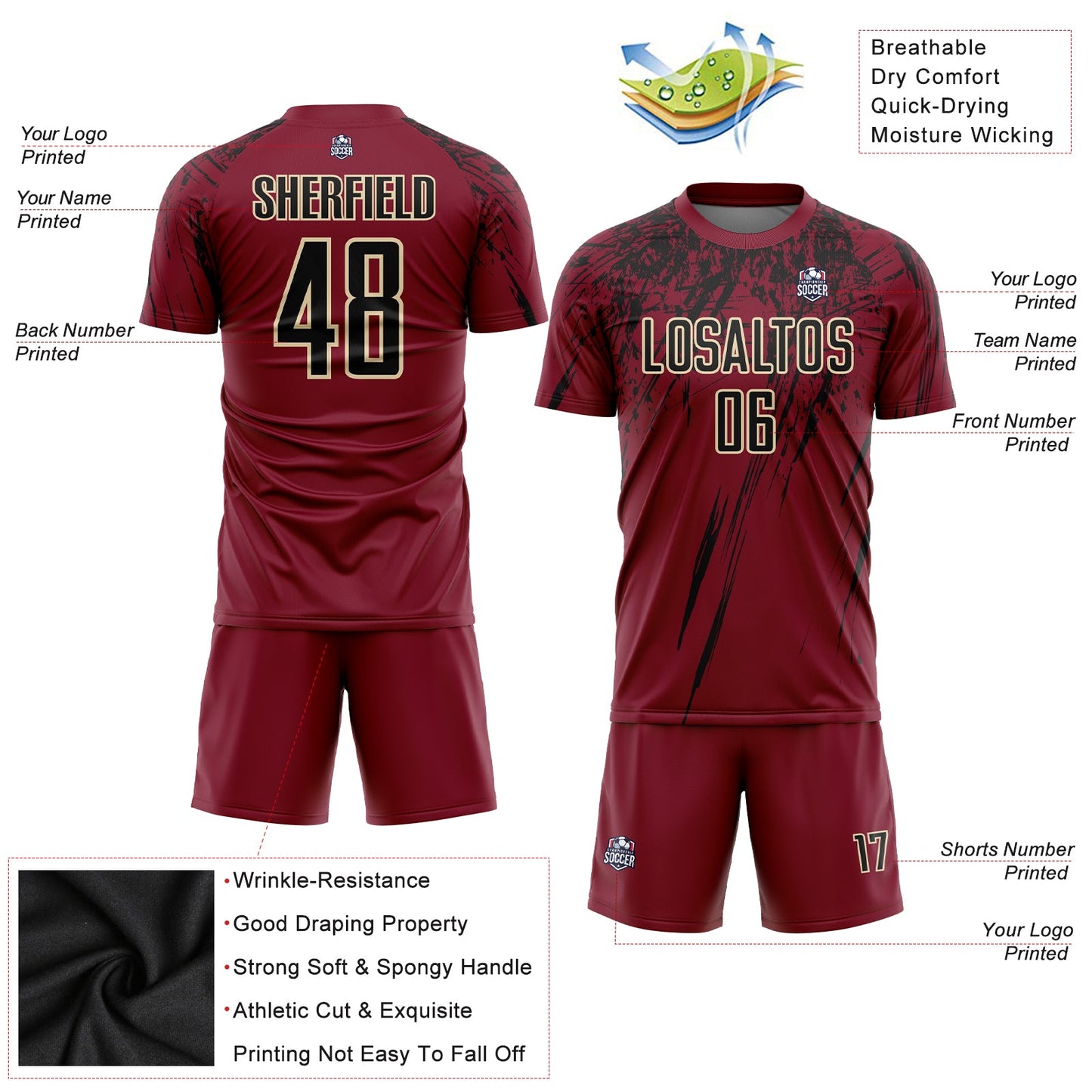 Custom Crimson Black-Cream Sublimation Soccer Uniform Jersey view 3