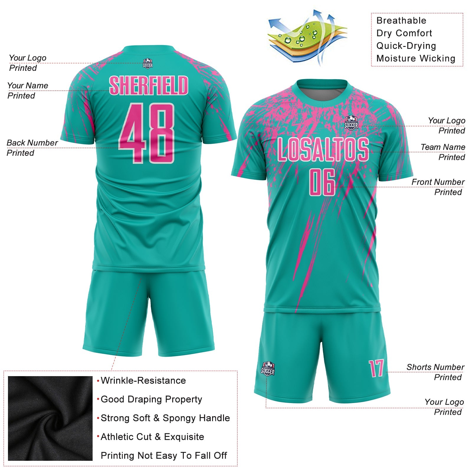 Custom Aqua Pink-White Sublimation Soccer Uniform Jersey view 3