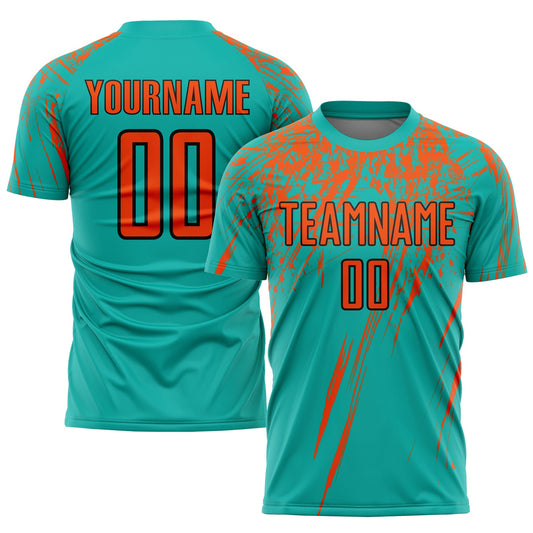 Custom Aqua Orange-Black Sublimation Soccer Uniform Jersey - Main View