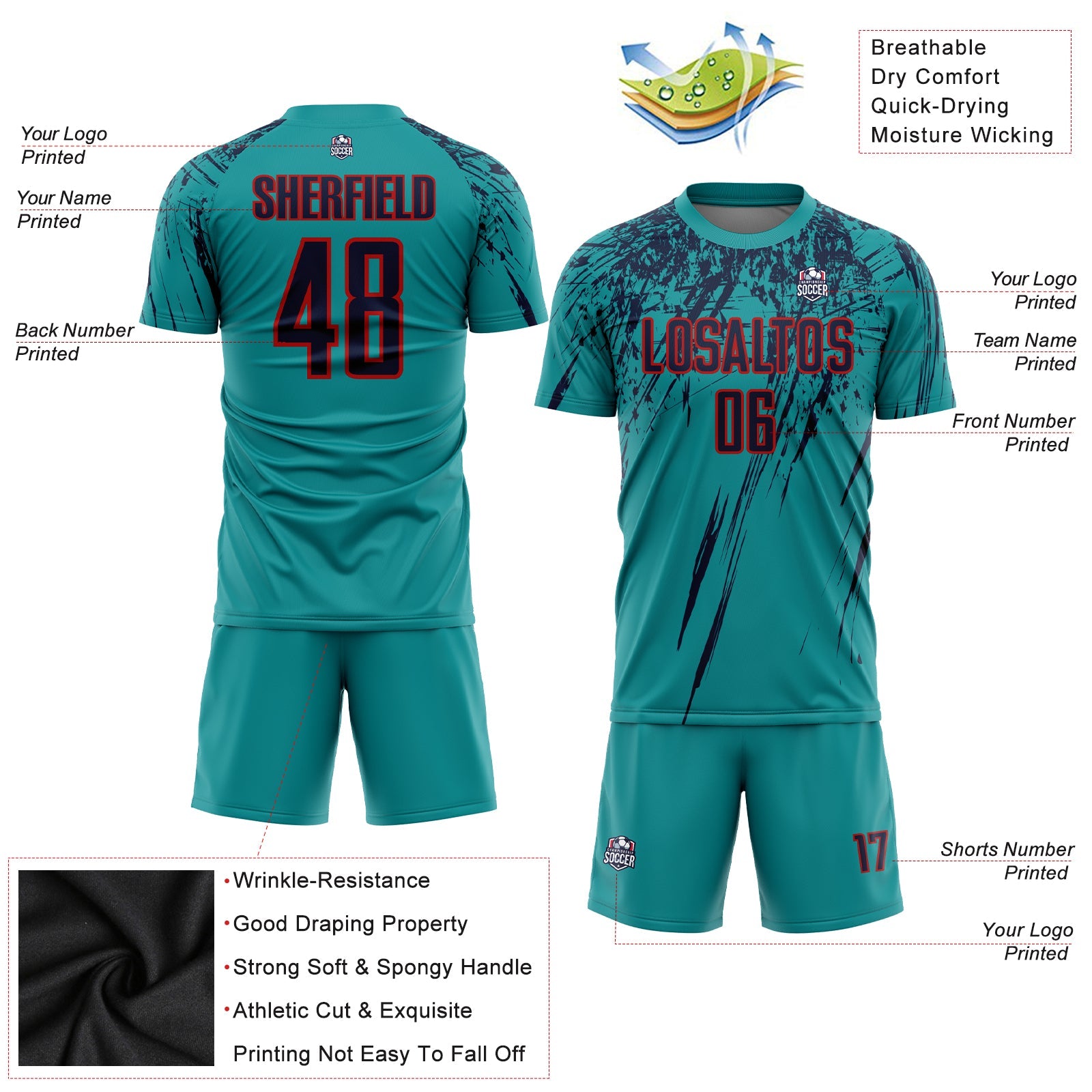 Custom Teal Navy-Red Sublimation Soccer Uniform Jersey view 3
