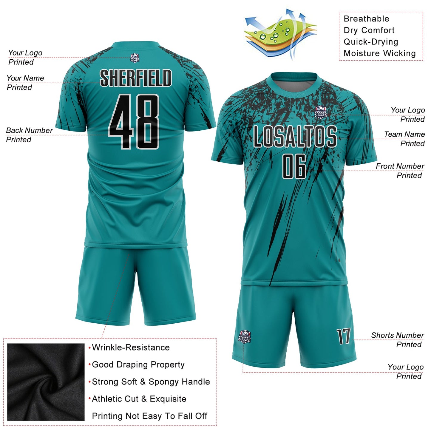 Custom Teal Black-White Sublimation Soccer Uniform Jersey view 3