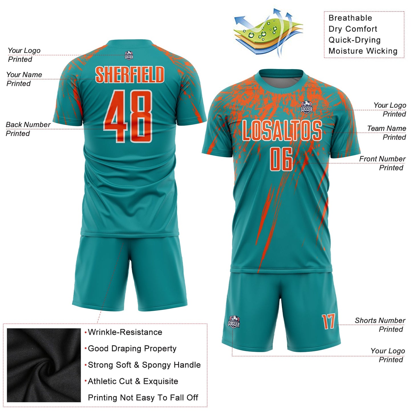 Custom Teal Orange-White Sublimation Soccer Uniform Jersey view 3