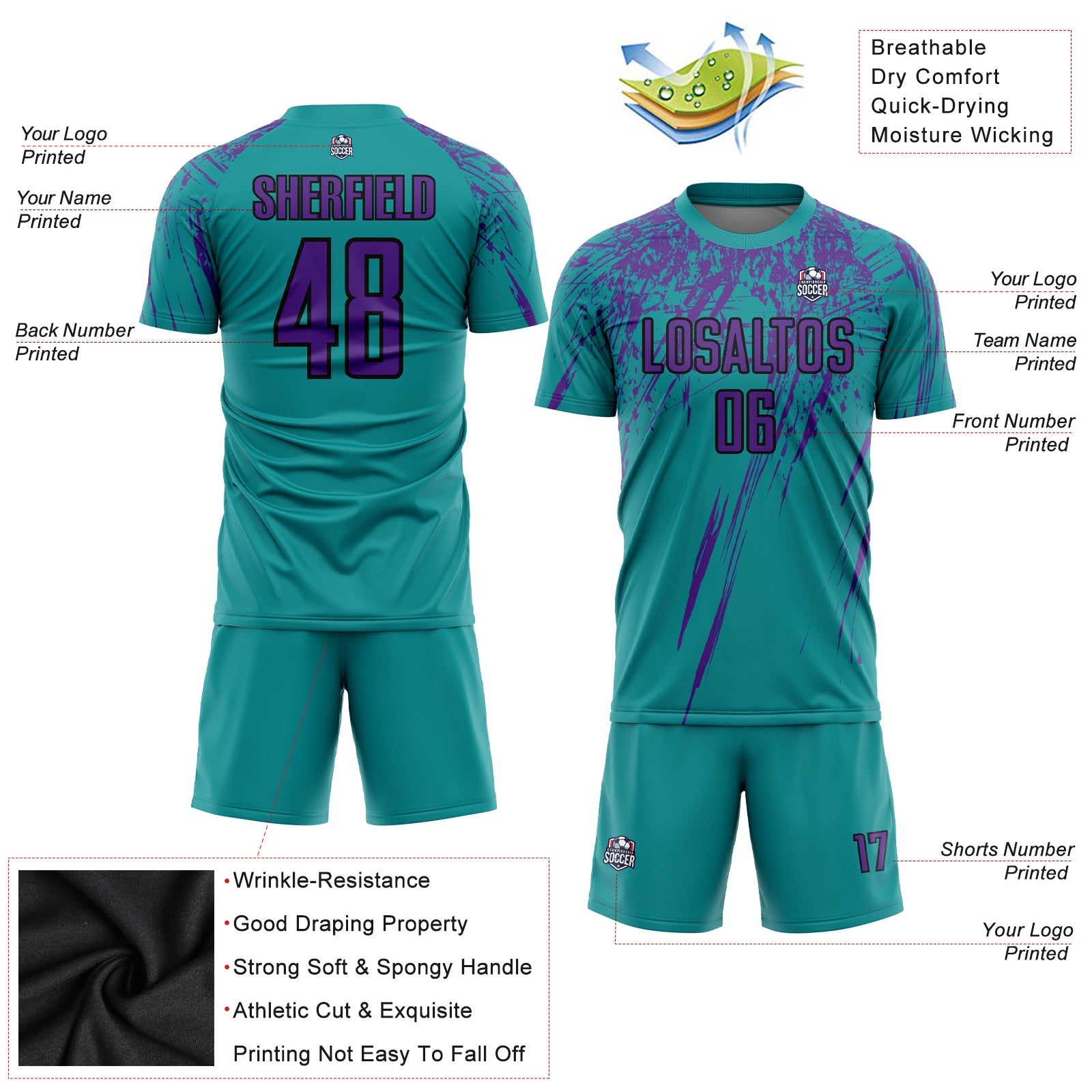 Custom Teal Purple-Black Sublimation Soccer Uniform Jersey view 3
