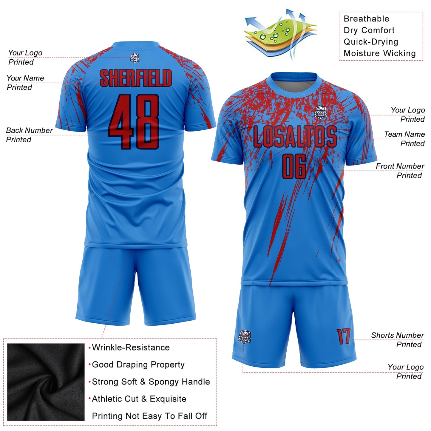 Custom Powder Blue Red-Navy Sublimation Soccer Uniform Jersey view 3