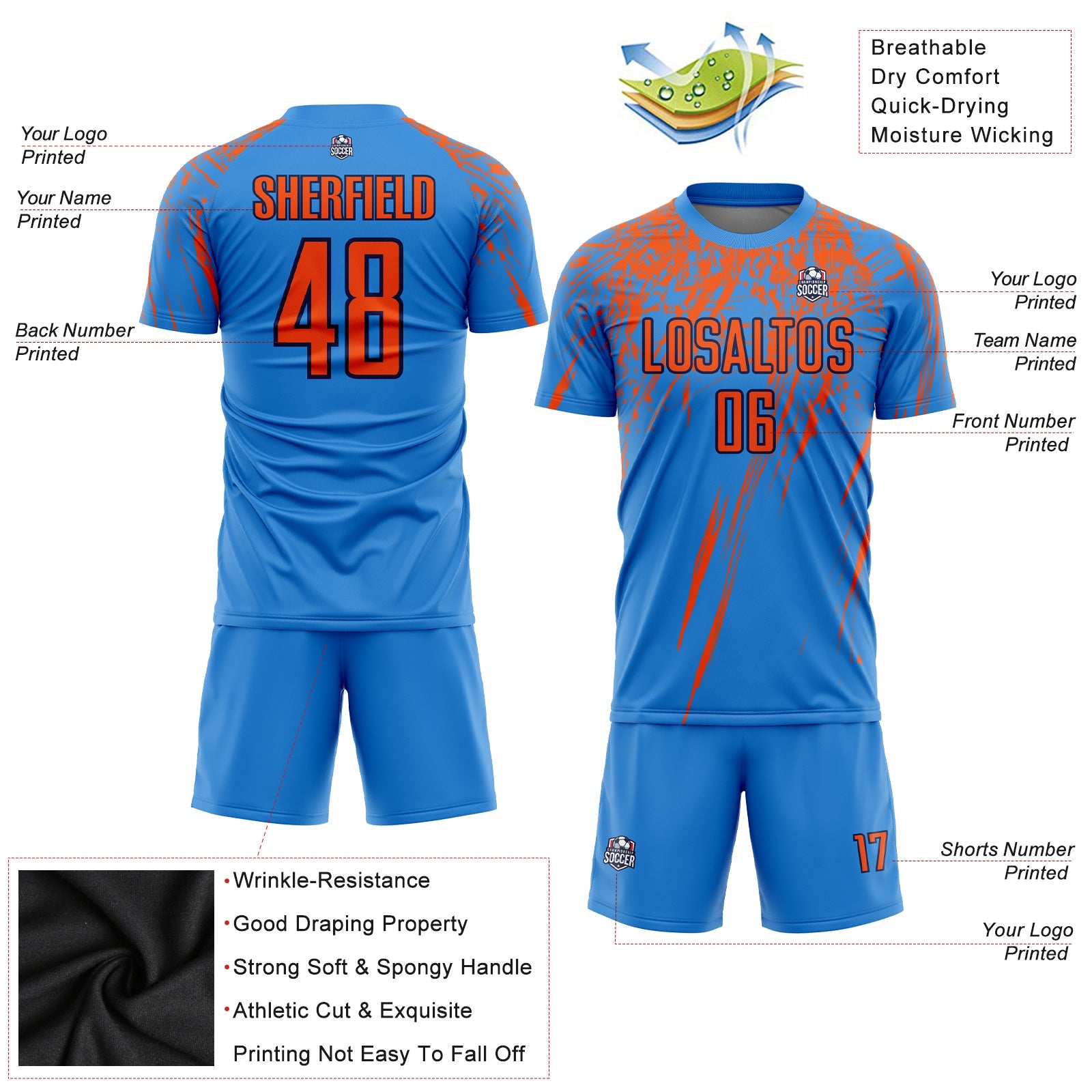 Custom Powder Blue Orange-Navy Sublimation Soccer Uniform Jersey view 3