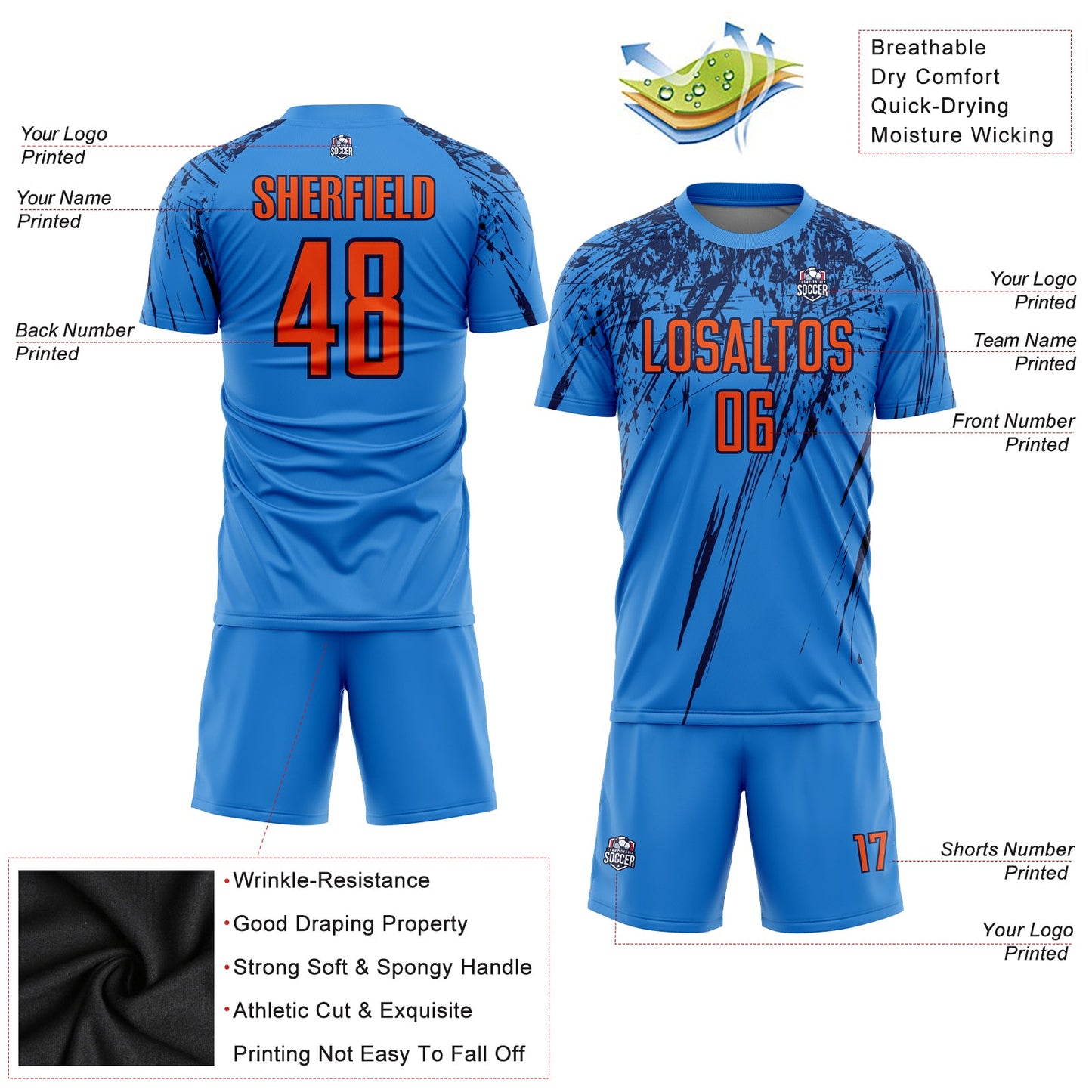 Custom Powder Blue Orange-Navy Sublimation Soccer Uniform Jersey view 3