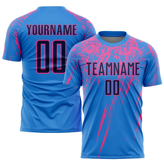 Custom Powder Blue Navy-Pink Sublimation Soccer Uniform Jersey - Main View