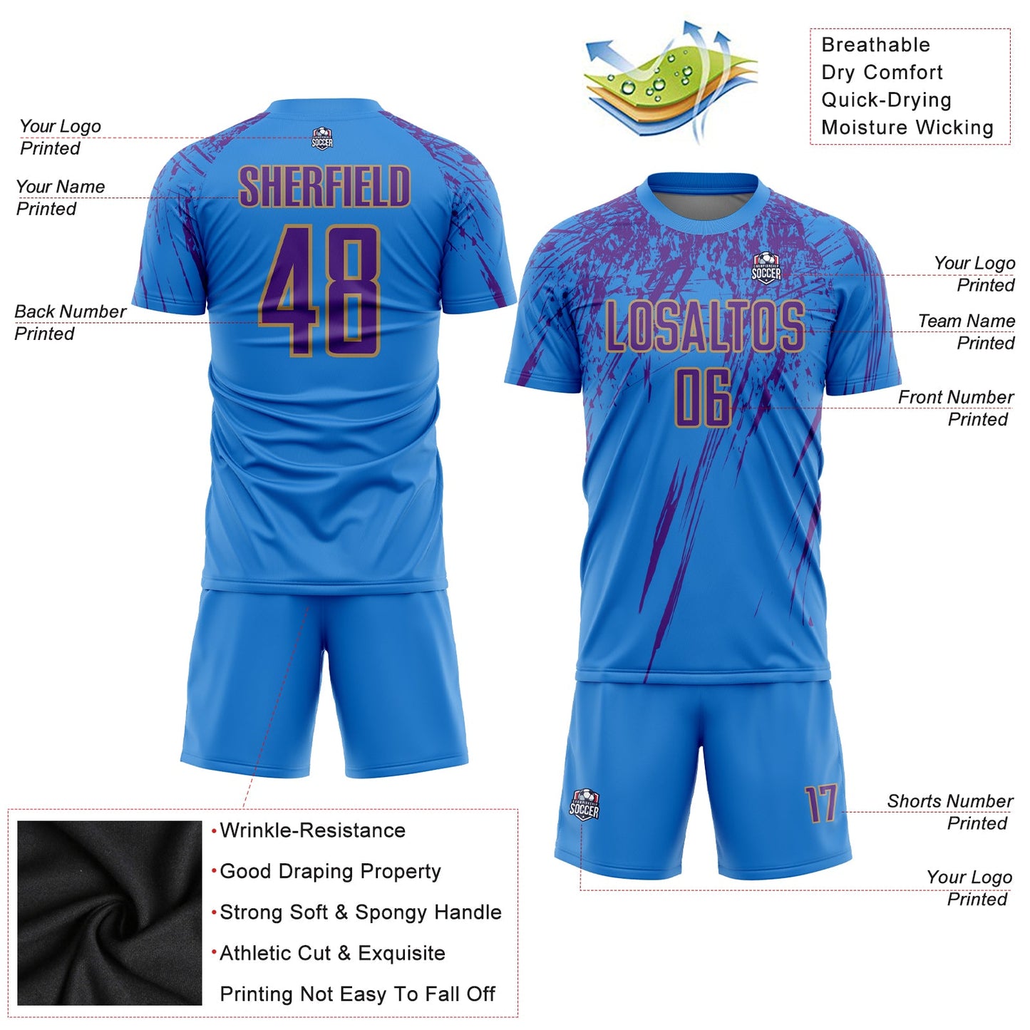 Custom Powder Blue Purple-Old Gold Sublimation Soccer Uniform Jersey view 3