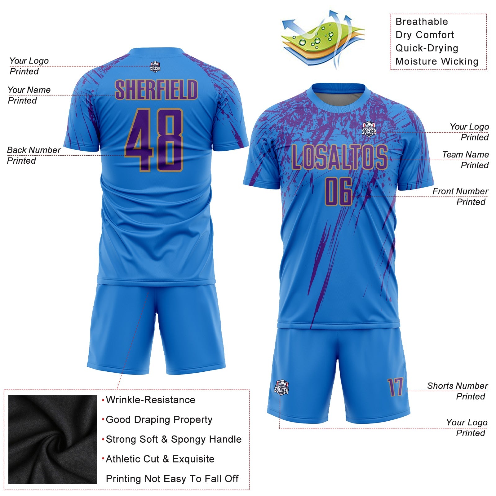 Custom Powder Blue Purple-Old Gold Sublimation Soccer Uniform Jersey view 3
