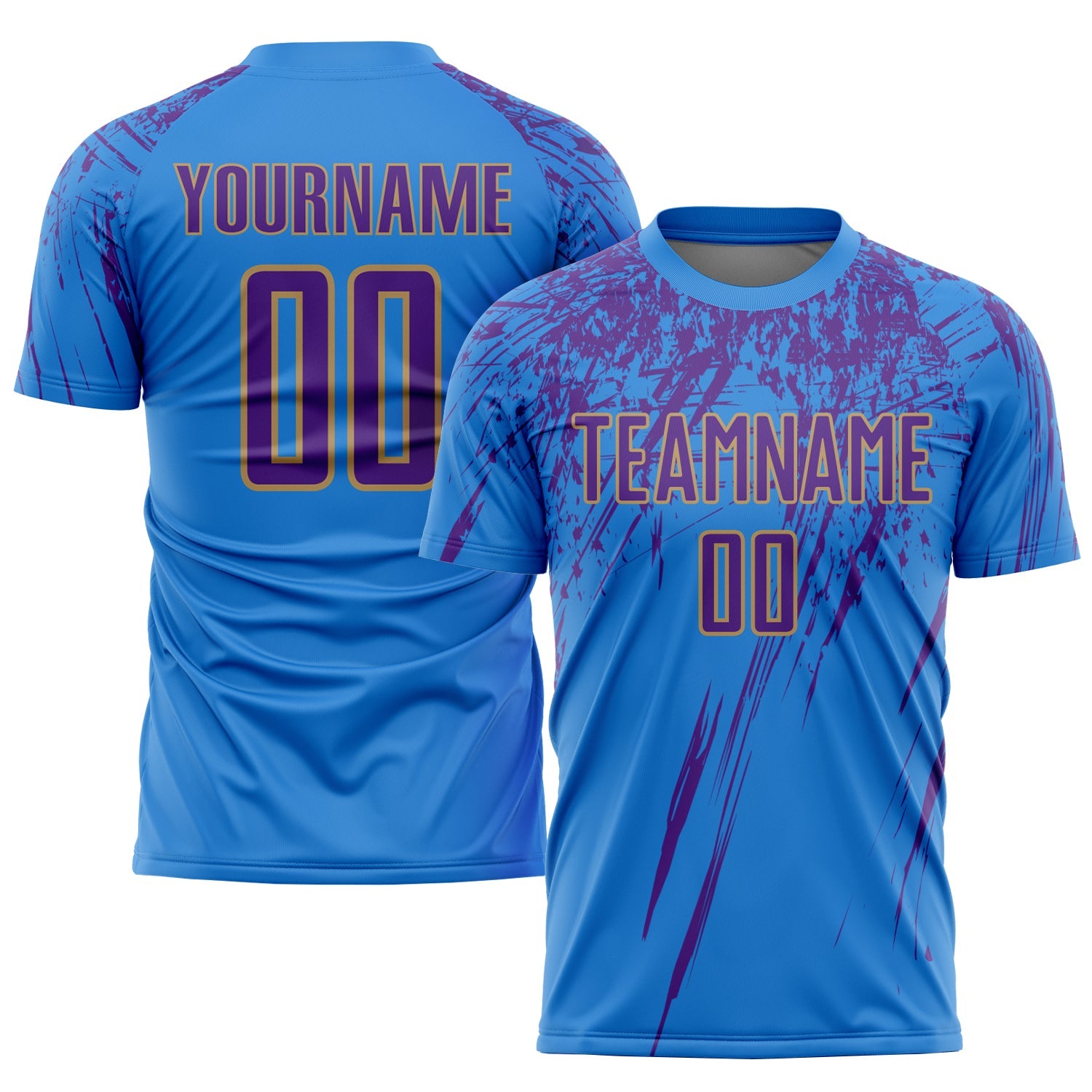 Custom Powder Blue Purple-Old Gold Sublimation Soccer Uniform Jersey - Main View