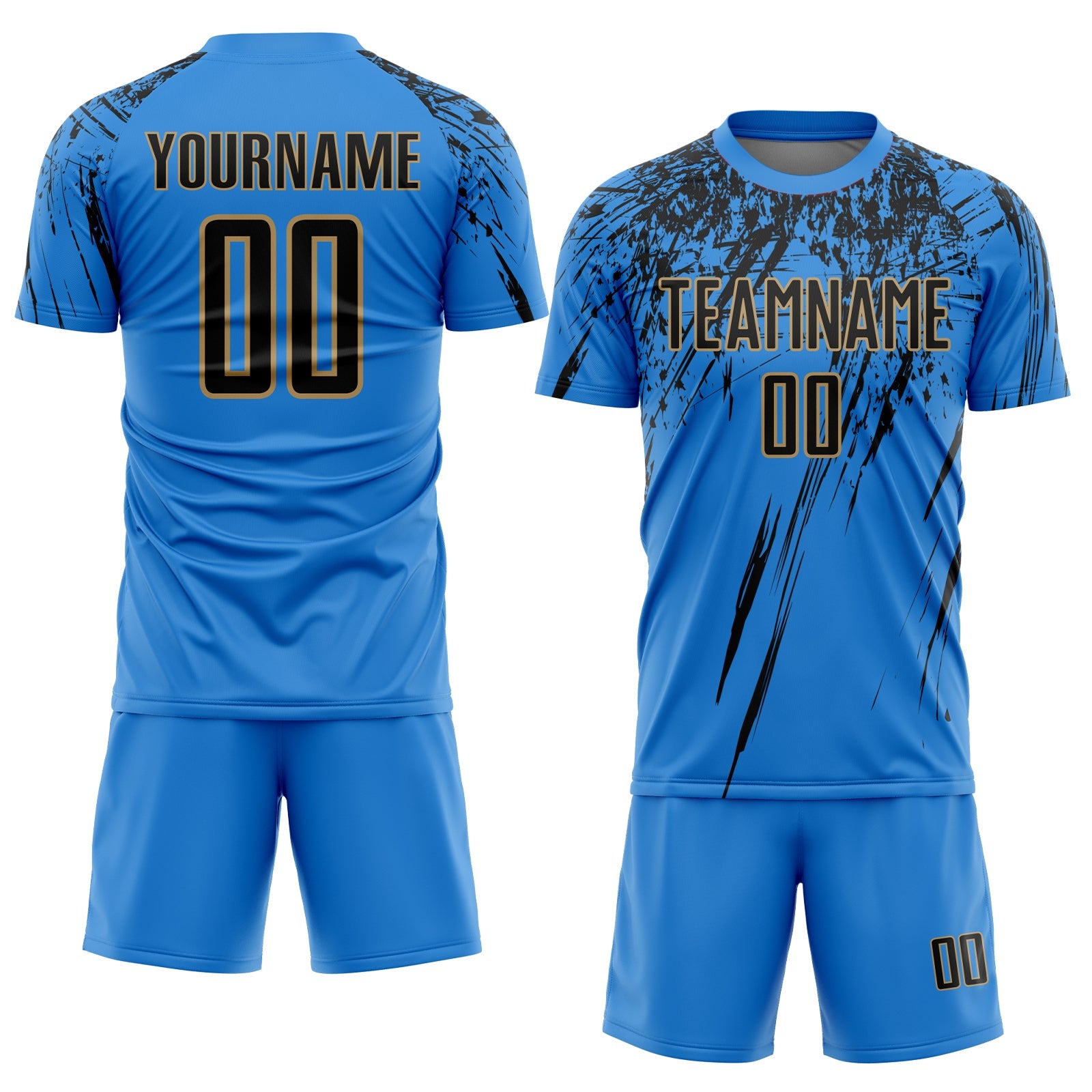 Custom Powder Blue Black-Old Gold Sublimation Soccer Uniform Jersey view 2
