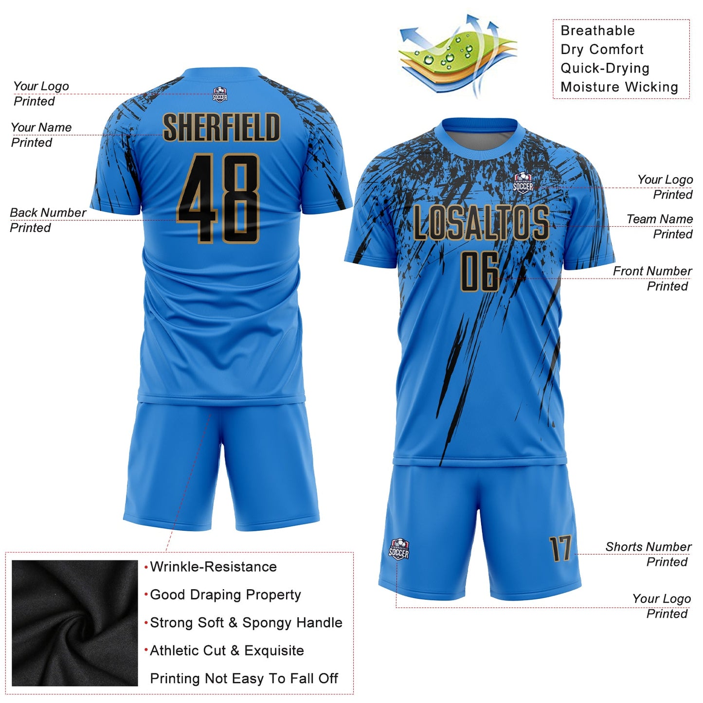 Custom Powder Blue Black-Old Gold Sublimation Soccer Uniform Jersey view 3