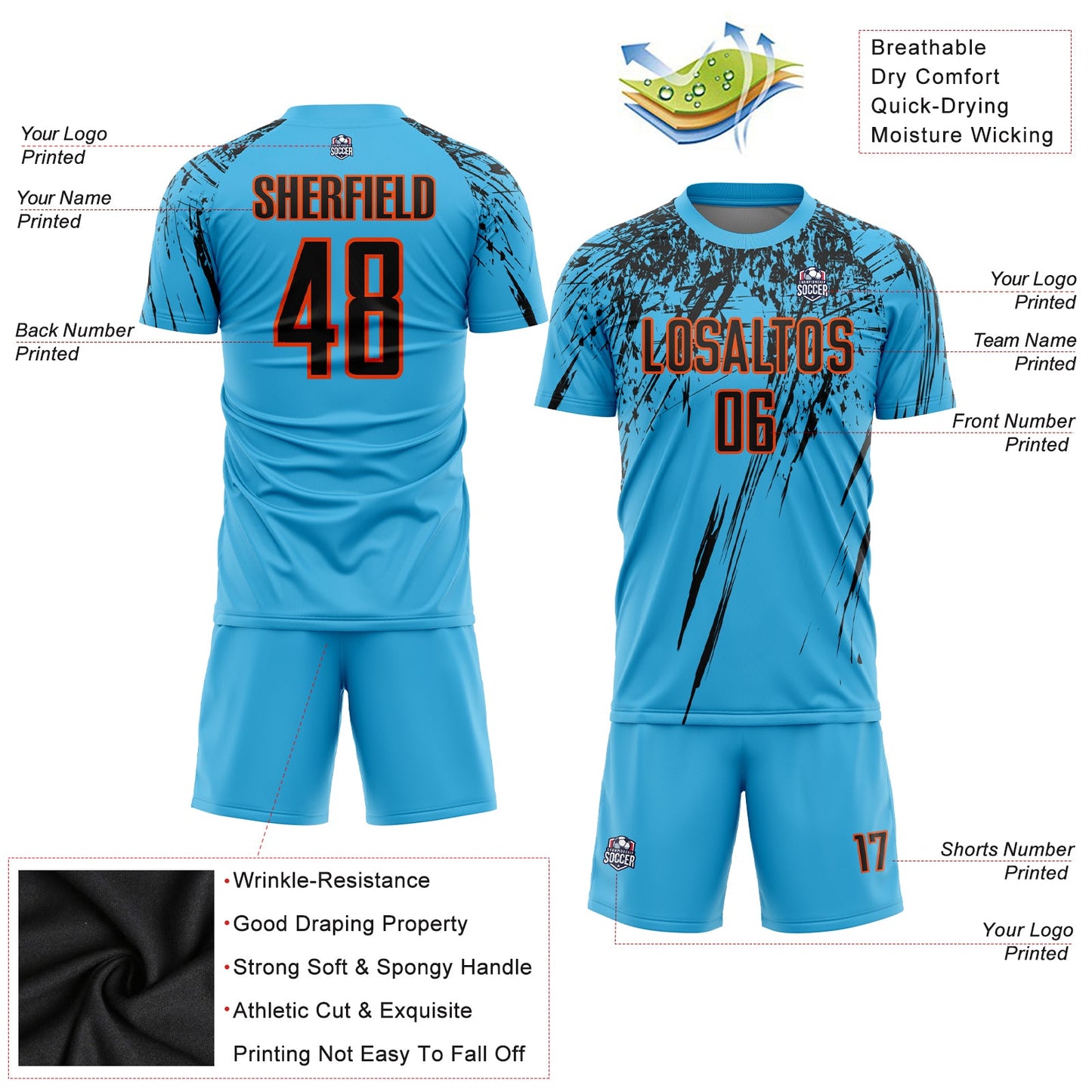 Custom Sky Blue Black-Orange Sublimation Soccer Uniform Jersey view 3