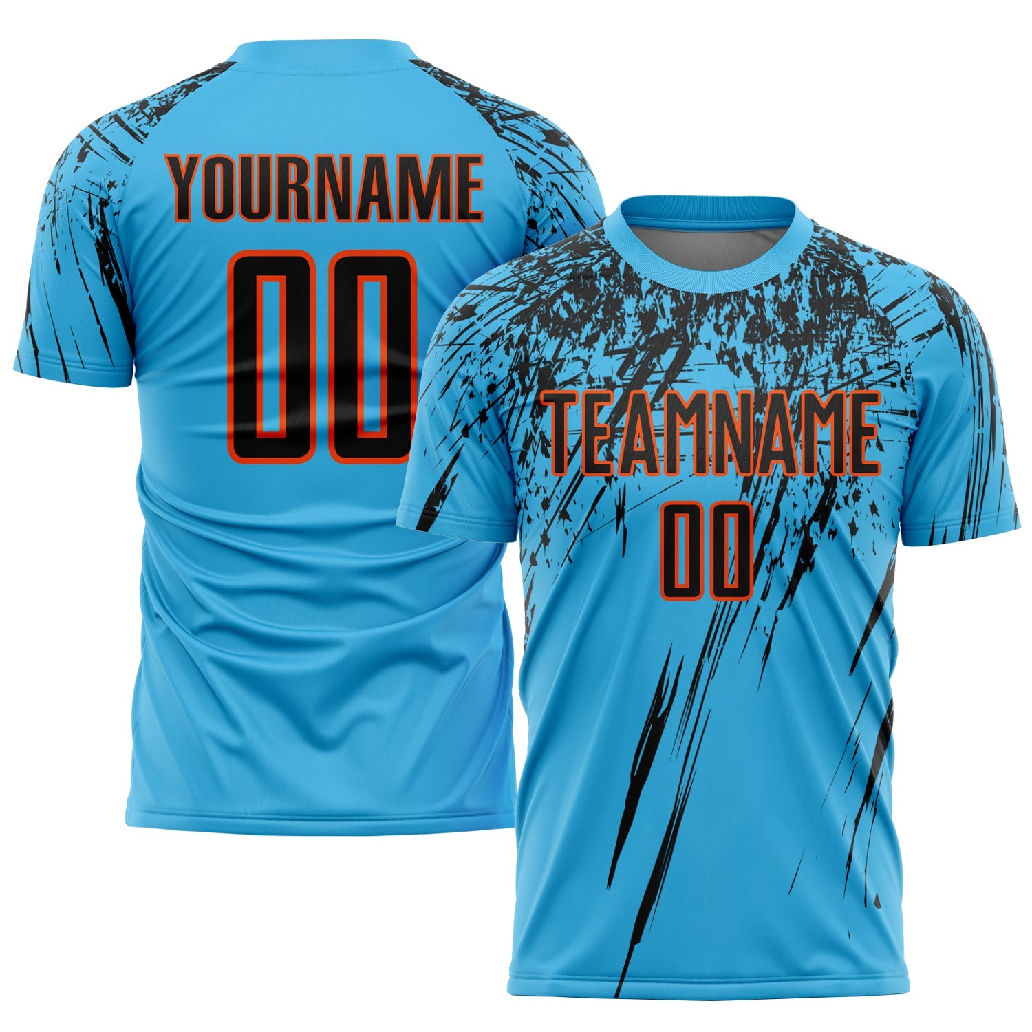 Custom Sky Blue Black-Orange Sublimation Soccer Uniform Jersey - Main View