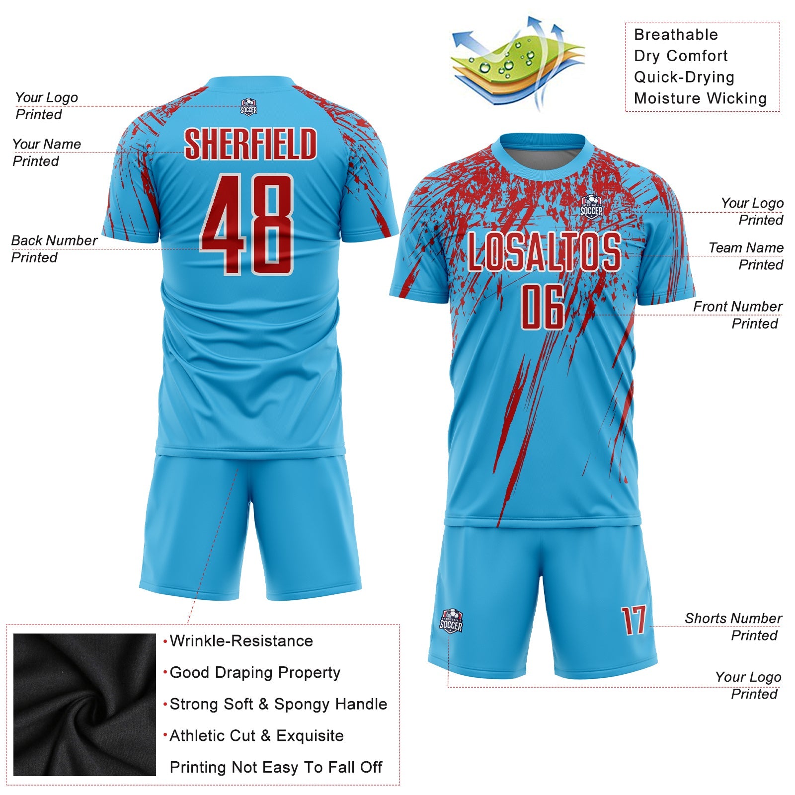 Custom Sky Blue Red-White Sublimation Soccer Uniform Jersey view 3