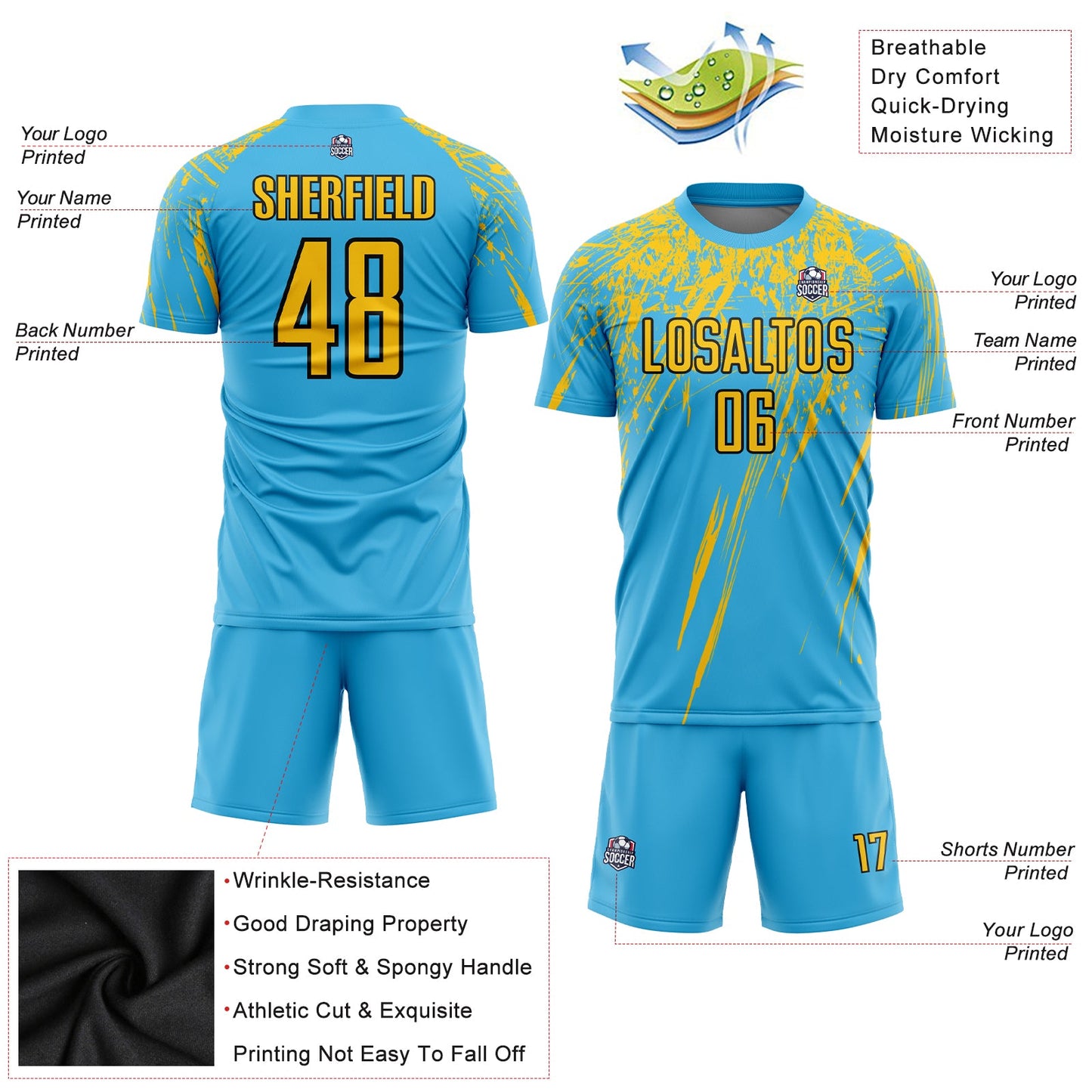 Custom Sky Blue Yellow-Black Sublimation Soccer Uniform Jersey view 3