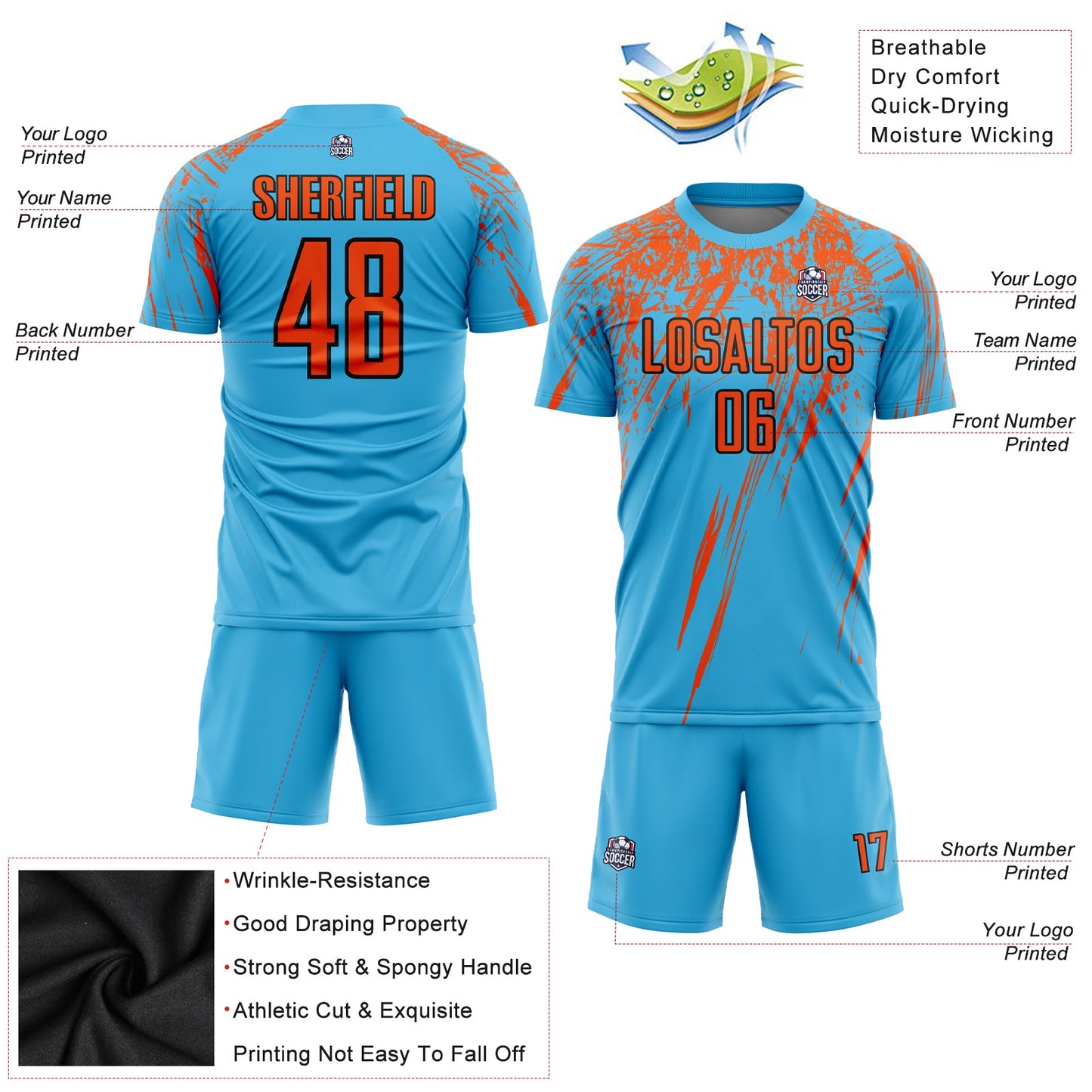 Custom Sky Blue Orange-Black Sublimation Soccer Uniform Jersey view 3